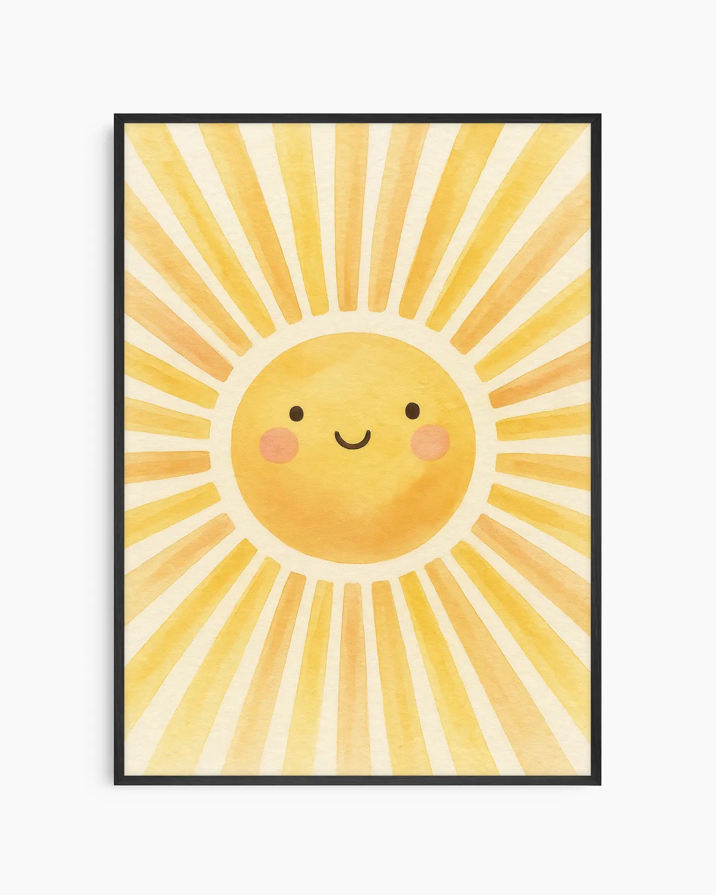 Children's poster of a sun with a smiling face on a yellow background framed in a black wooden frame.
