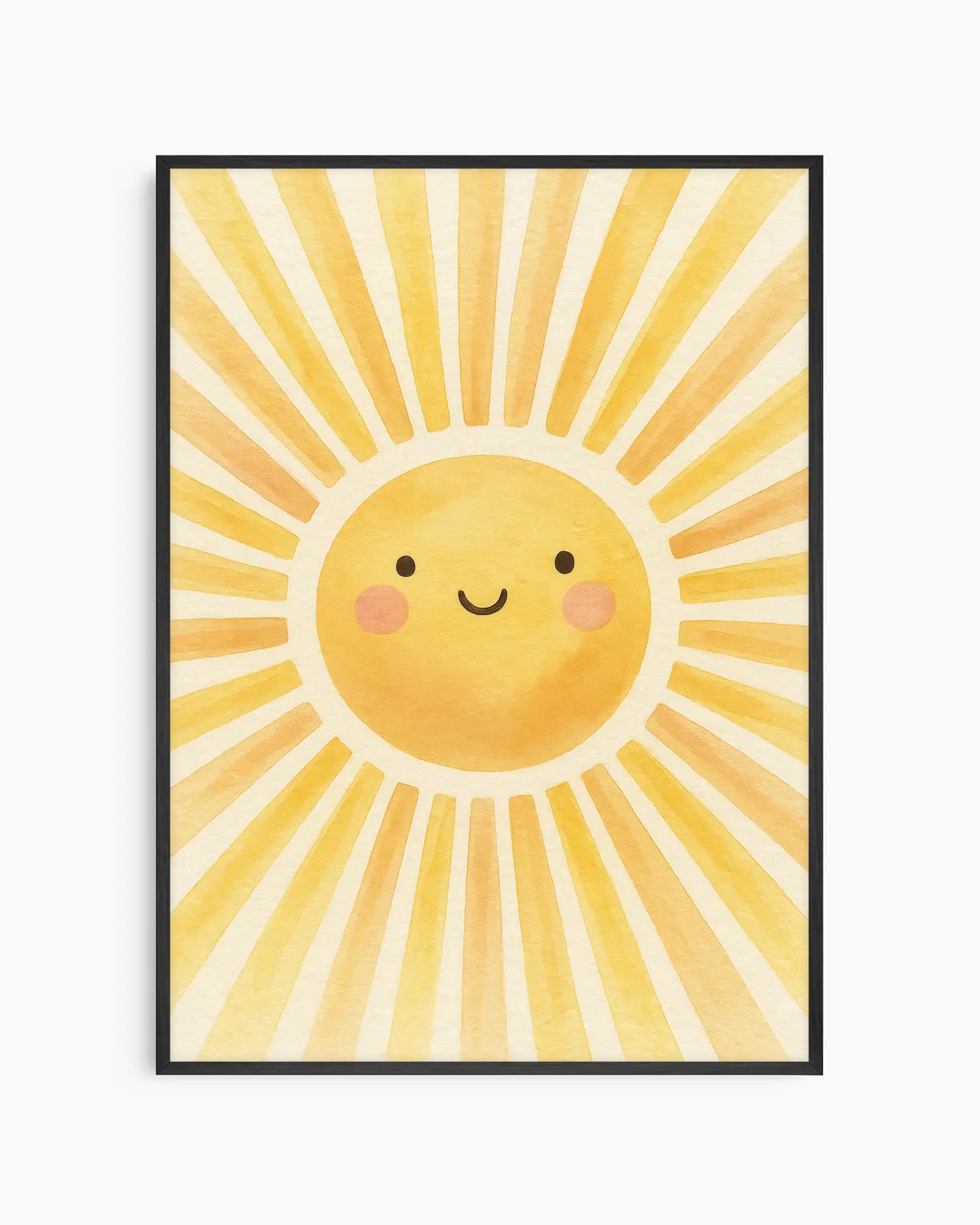 Children's poster of a sun with a smiling face on a yellow background framed in a black wooden frame.