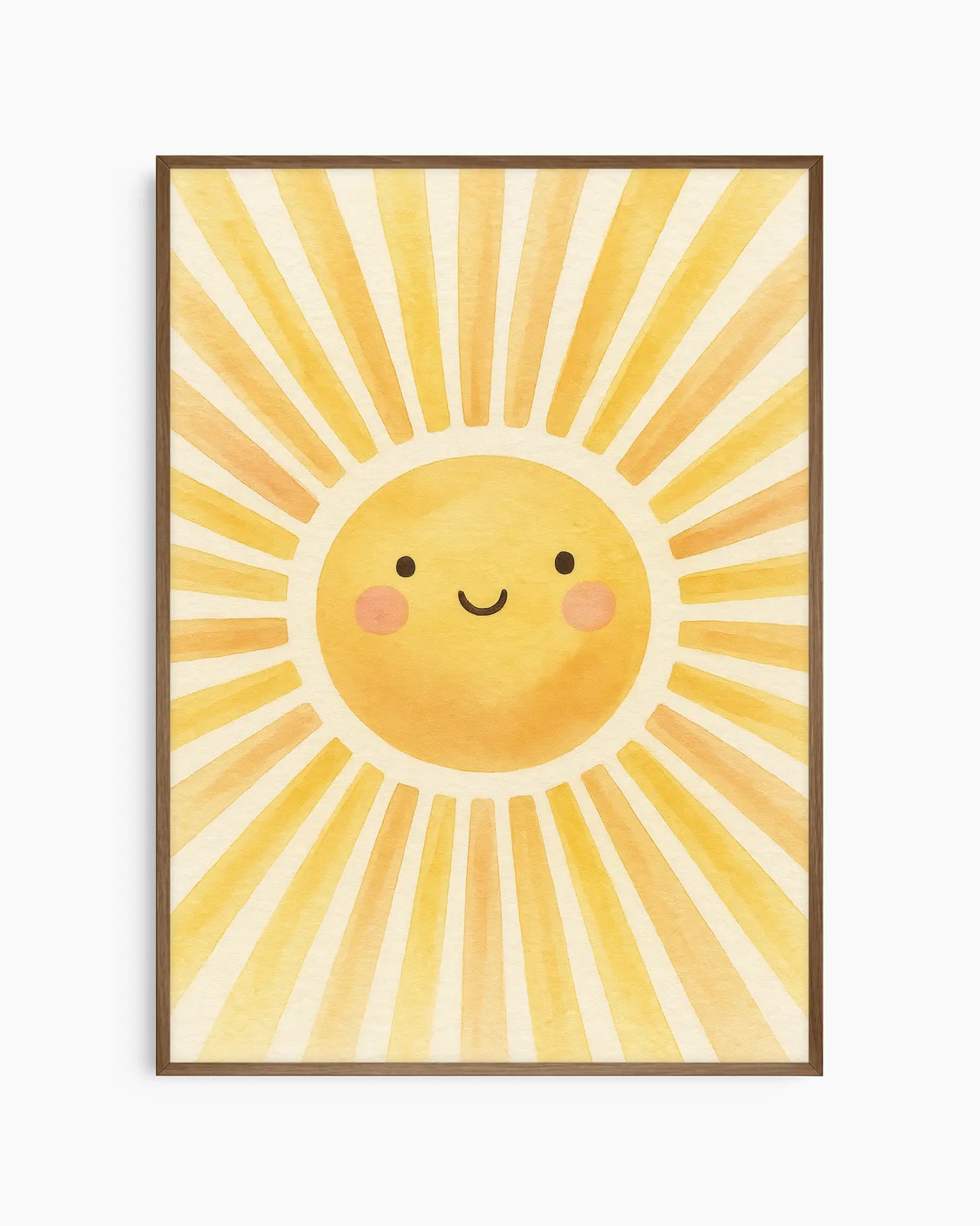 Children's poster of a sun with a smiling face on a yellow background framed in a dark oak frame.