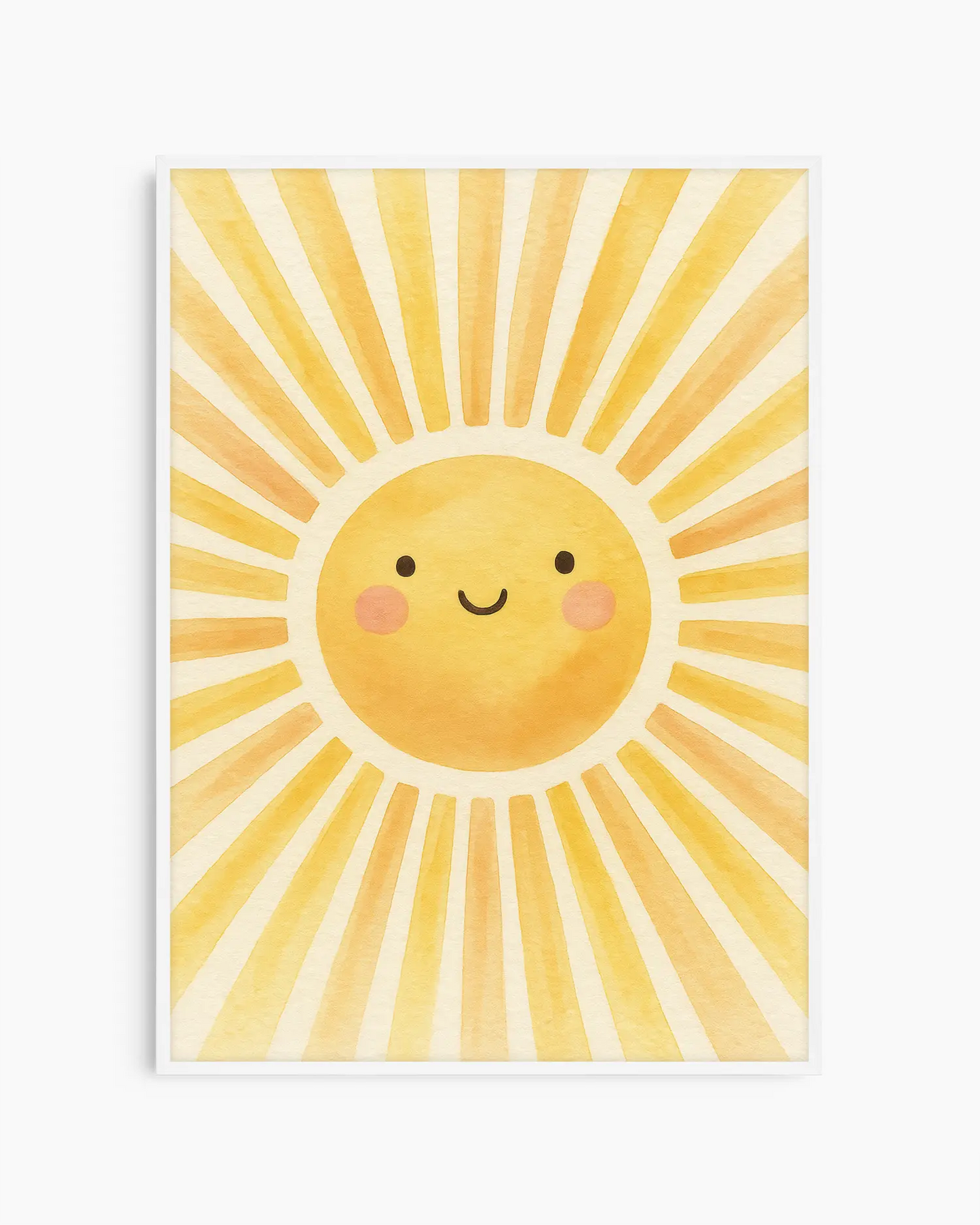 Children's poster of a sun with a smiling face on a yellow background framed in a white wooden frame.