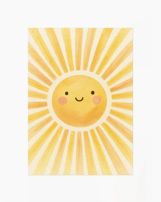 Children's poster of a sun with a smiling face on a yellow background.
