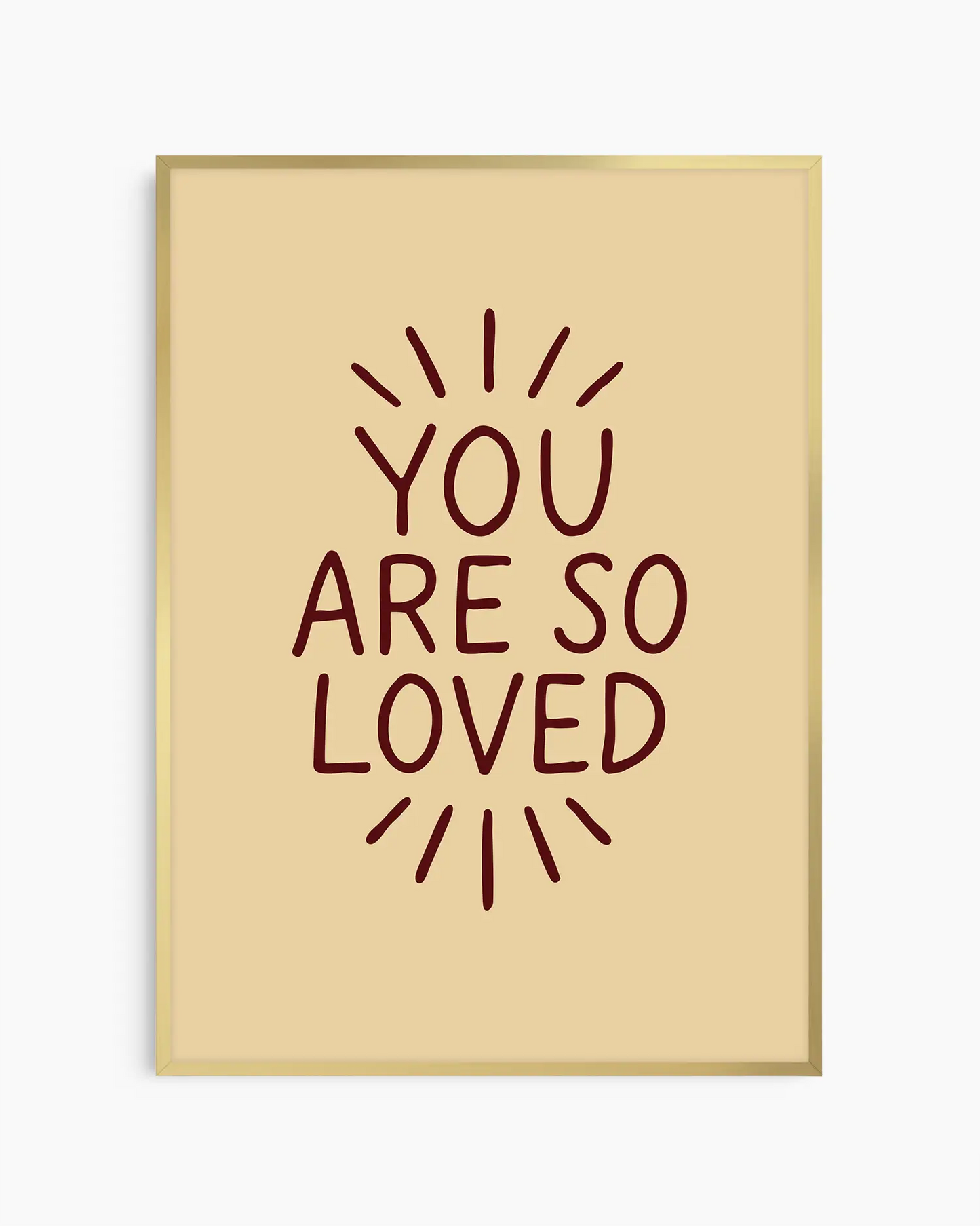 Children's poster with 'You are so loved' text framed in a golden frame.
