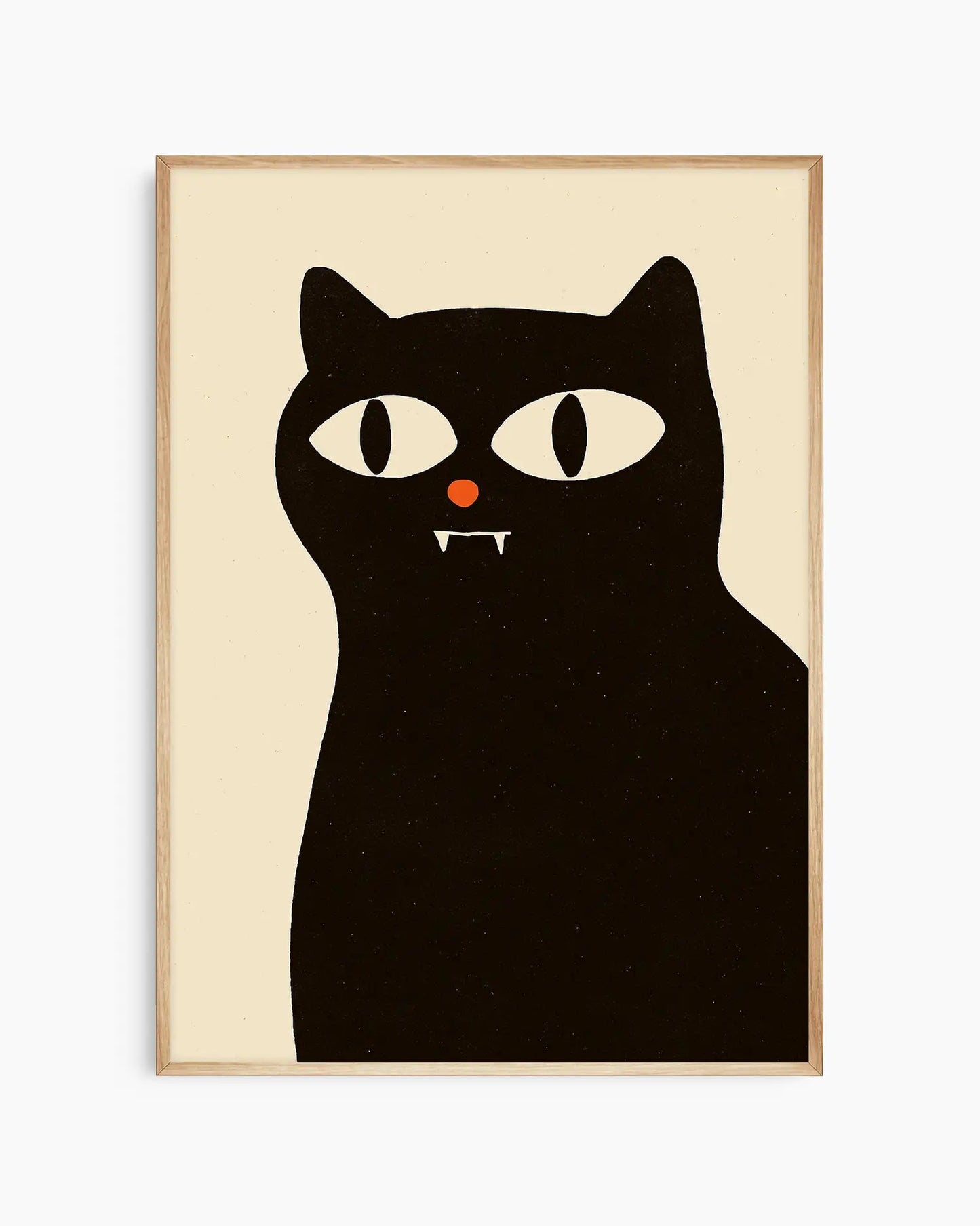 Illustration of a black vampire cat with a red nose on a beige background framed in an oak frame