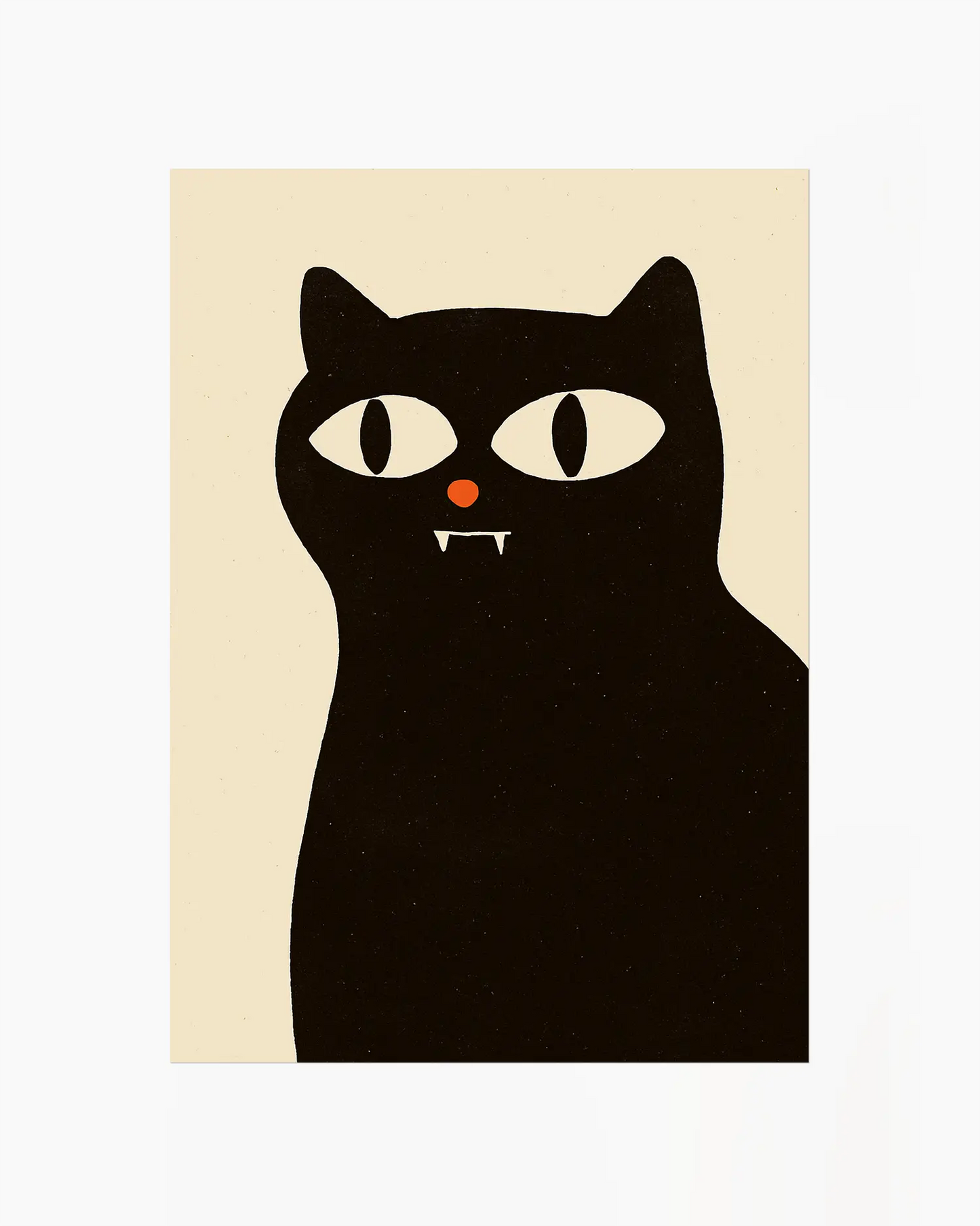 Illustration of a black vampire cat with a red nose on a beige background