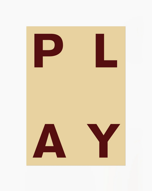 Beige nursery poster with maroon letters spelling 'PLAY' on a beige background
