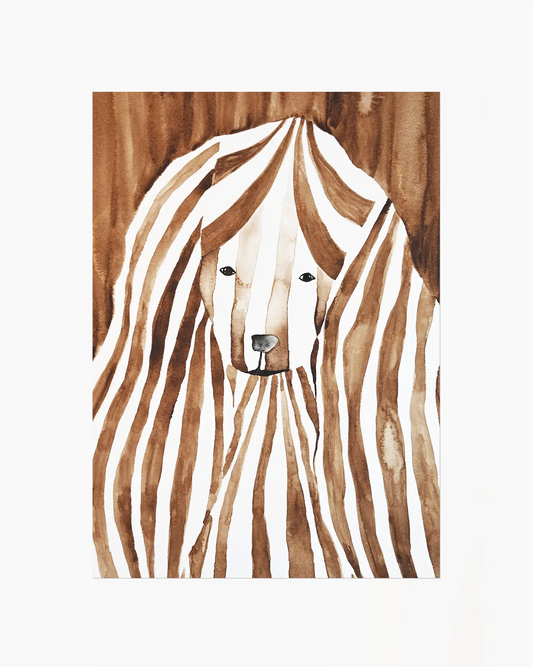 Watercolor painting of a cocker spaniel with brown and white stripes on a brown background