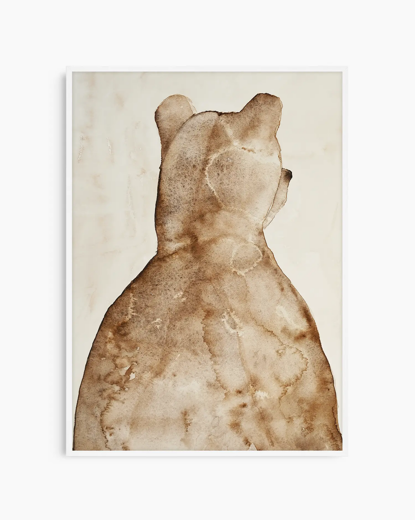 Children's illustration of a brown bear on a beige background framed in a white frame