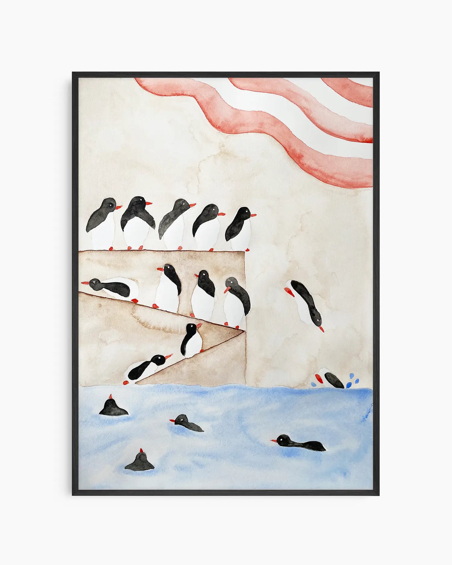 Illustration of penguins diving into the water inside of a black wooden frame.