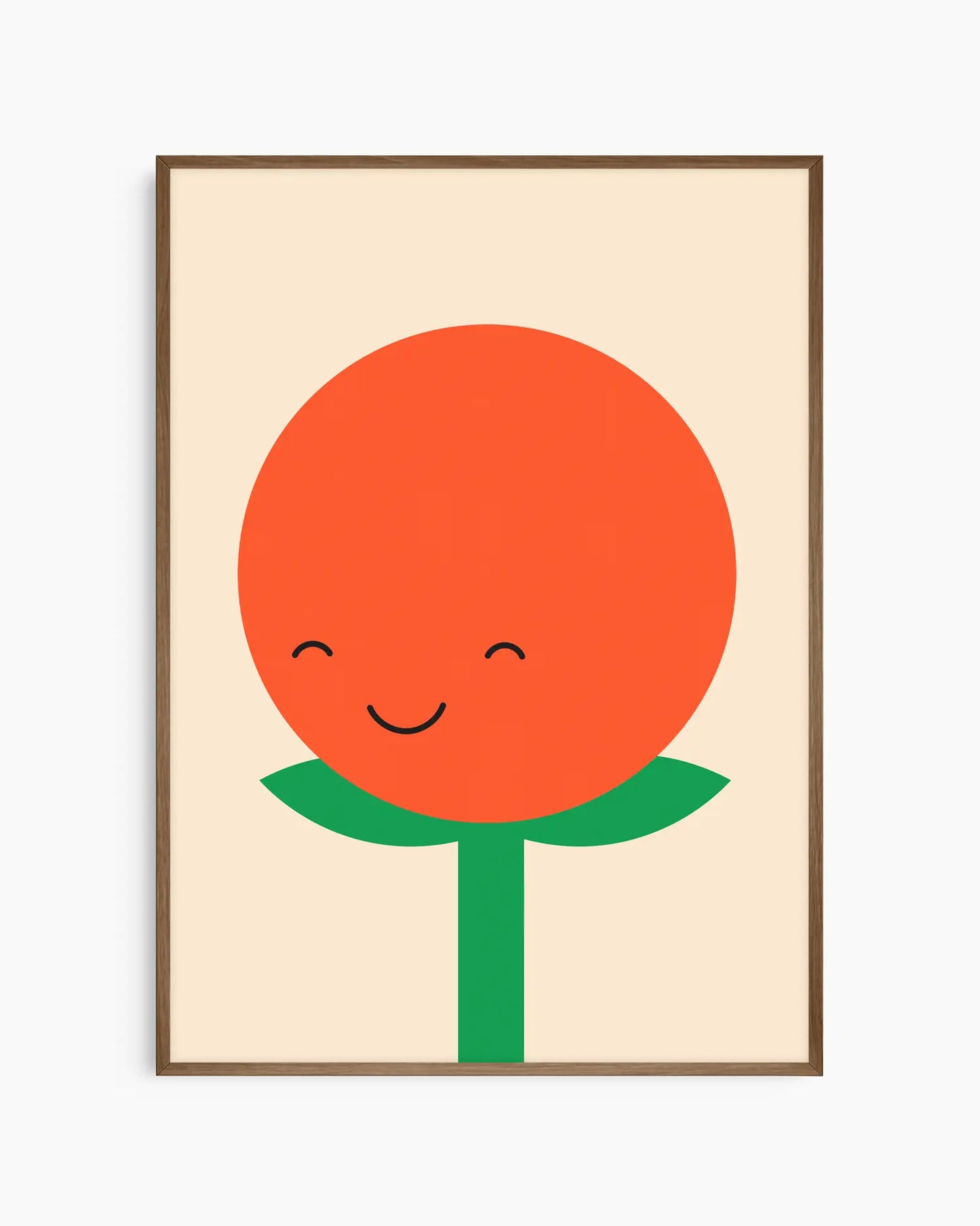 Nursery poster of a smiling tomato with a green stem on a beige background framed in a dark oak frame