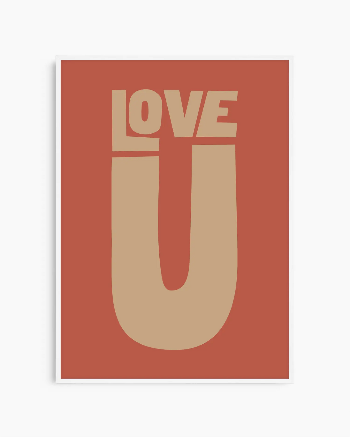 Red nursery poster with 'LOVE U' text framed in a white frame.