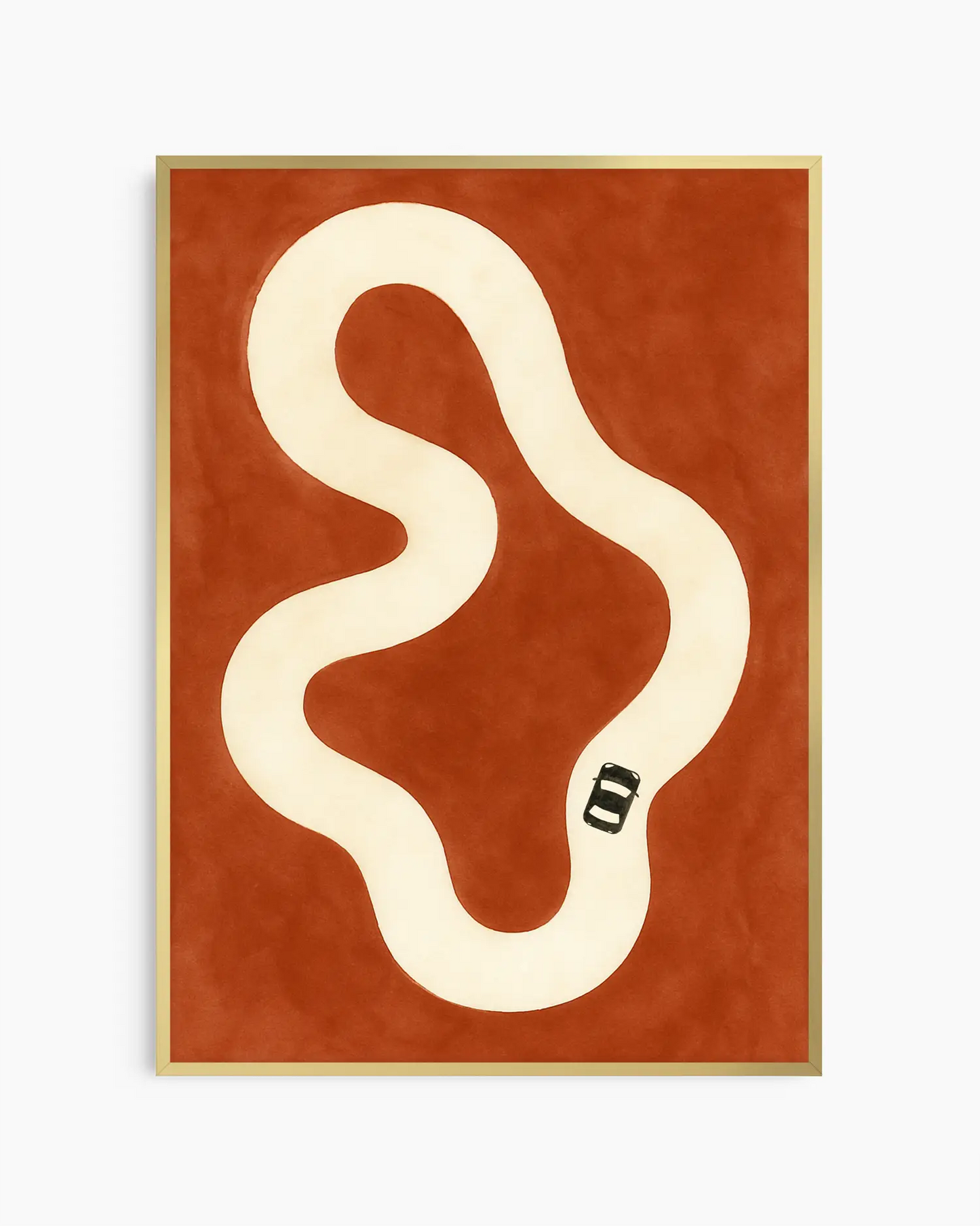 Nursery poster with a black car on a beige race track framed in a gold frame.
