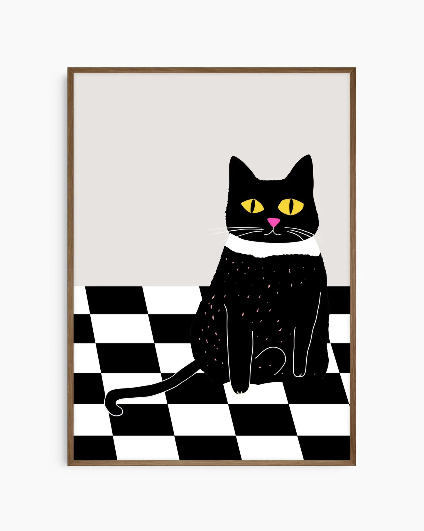 Framed artwork of a black cat with yellow eyes and a pink nose on a checkered floor.