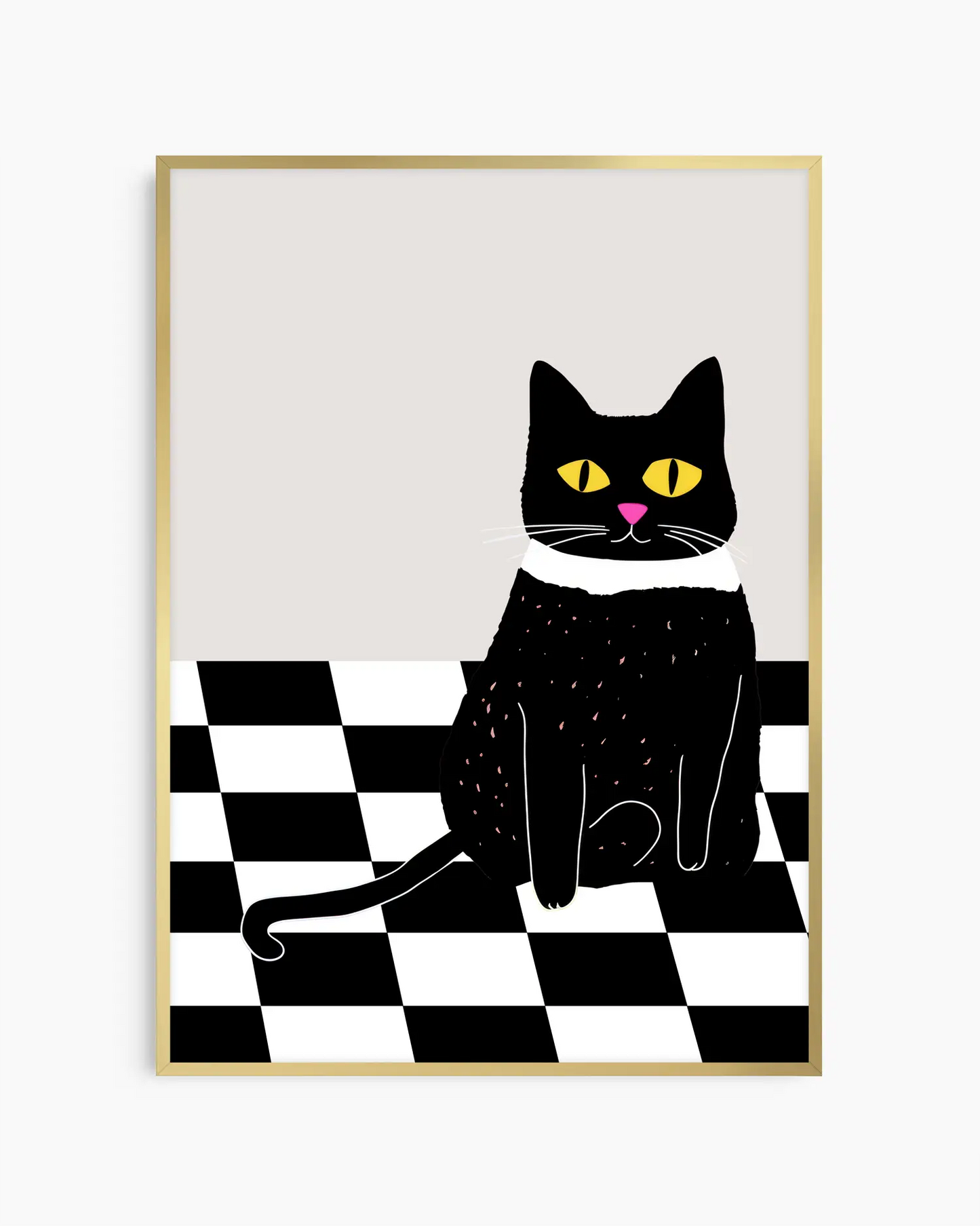 Framed poster of a black cat with yellow eyes and a pink nose on a checkered floor.