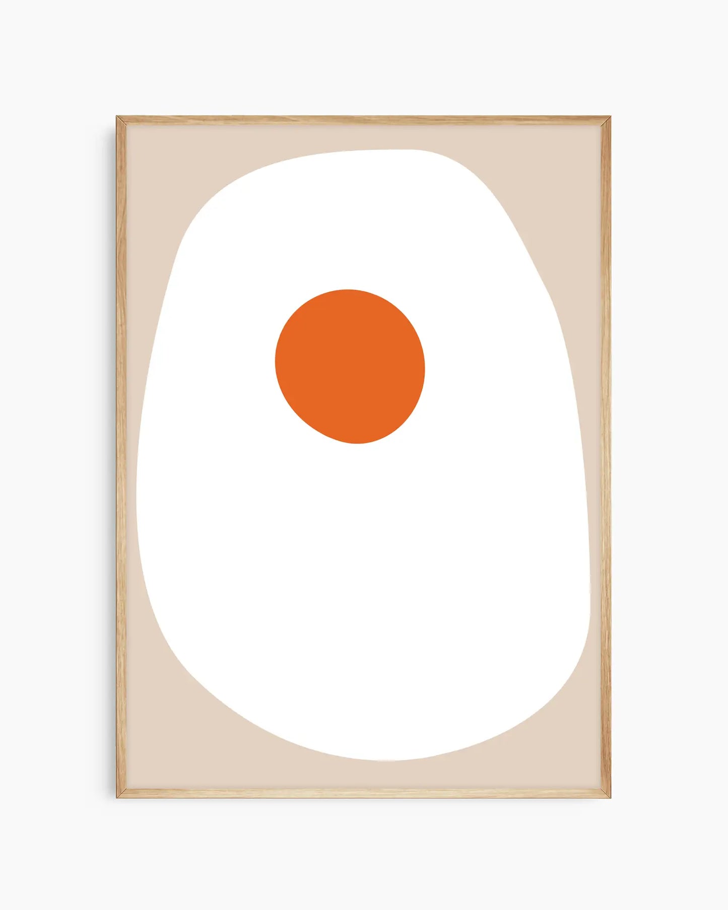 Nursery poster of a sunny side up fried egg on a beige background framed in a oak frame.