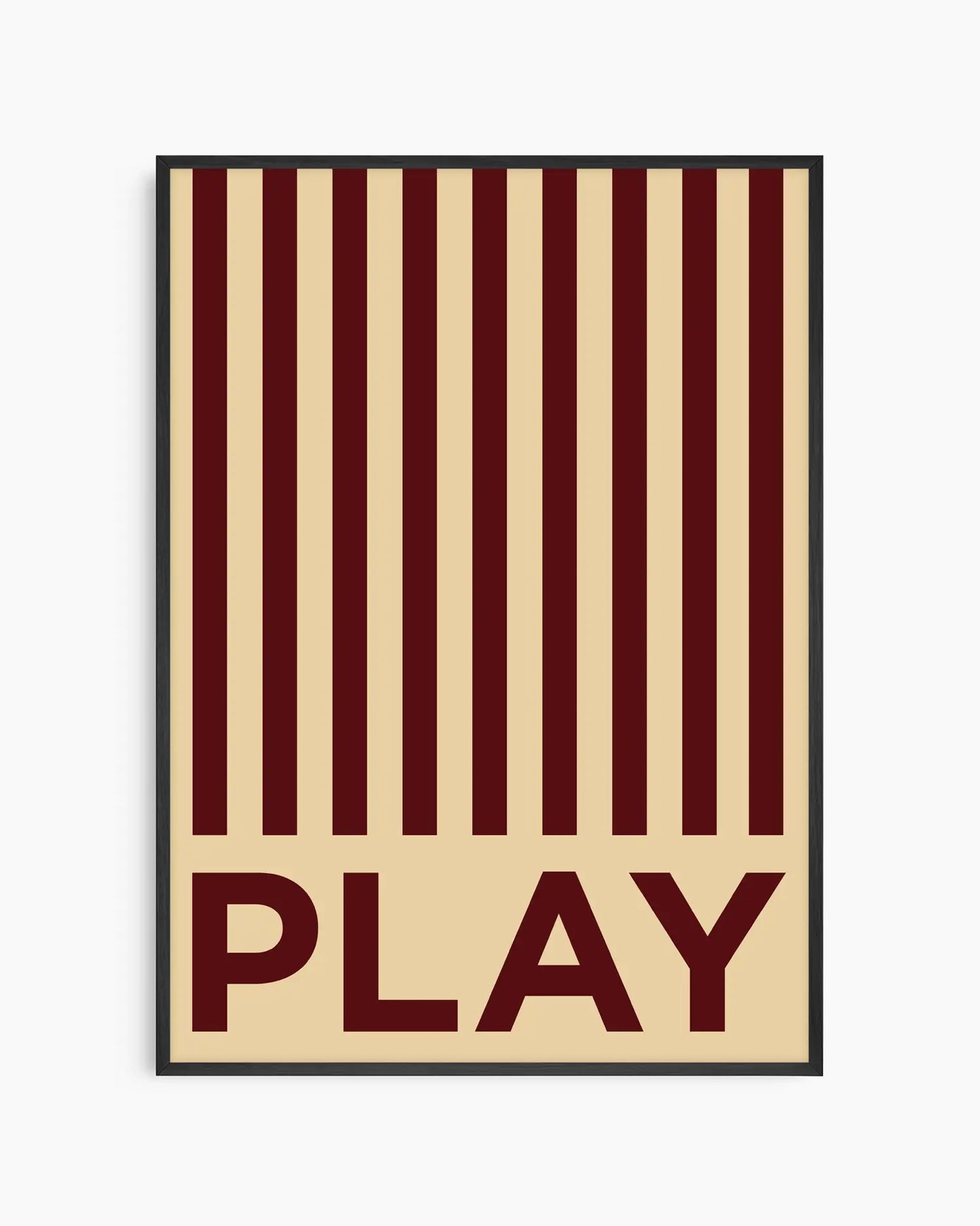 Beige nursery poster with brown stripes and the word 'PLAY' written on it framed in a black wooden frame