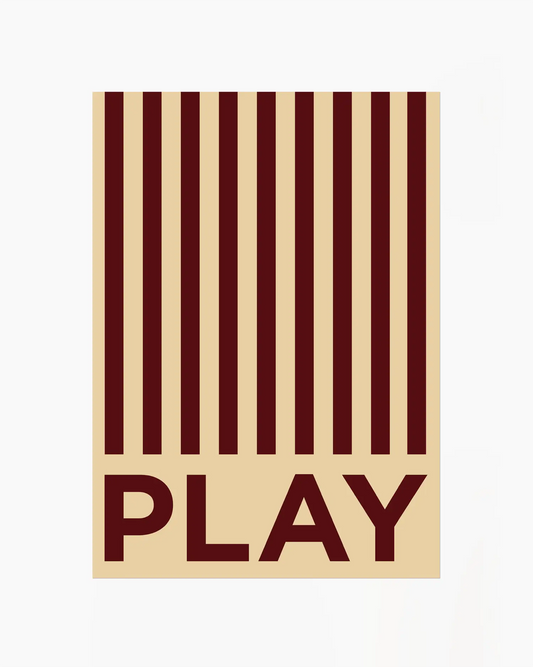 Beige nursery poster with brown stripes and the word 'PLAY' written on it