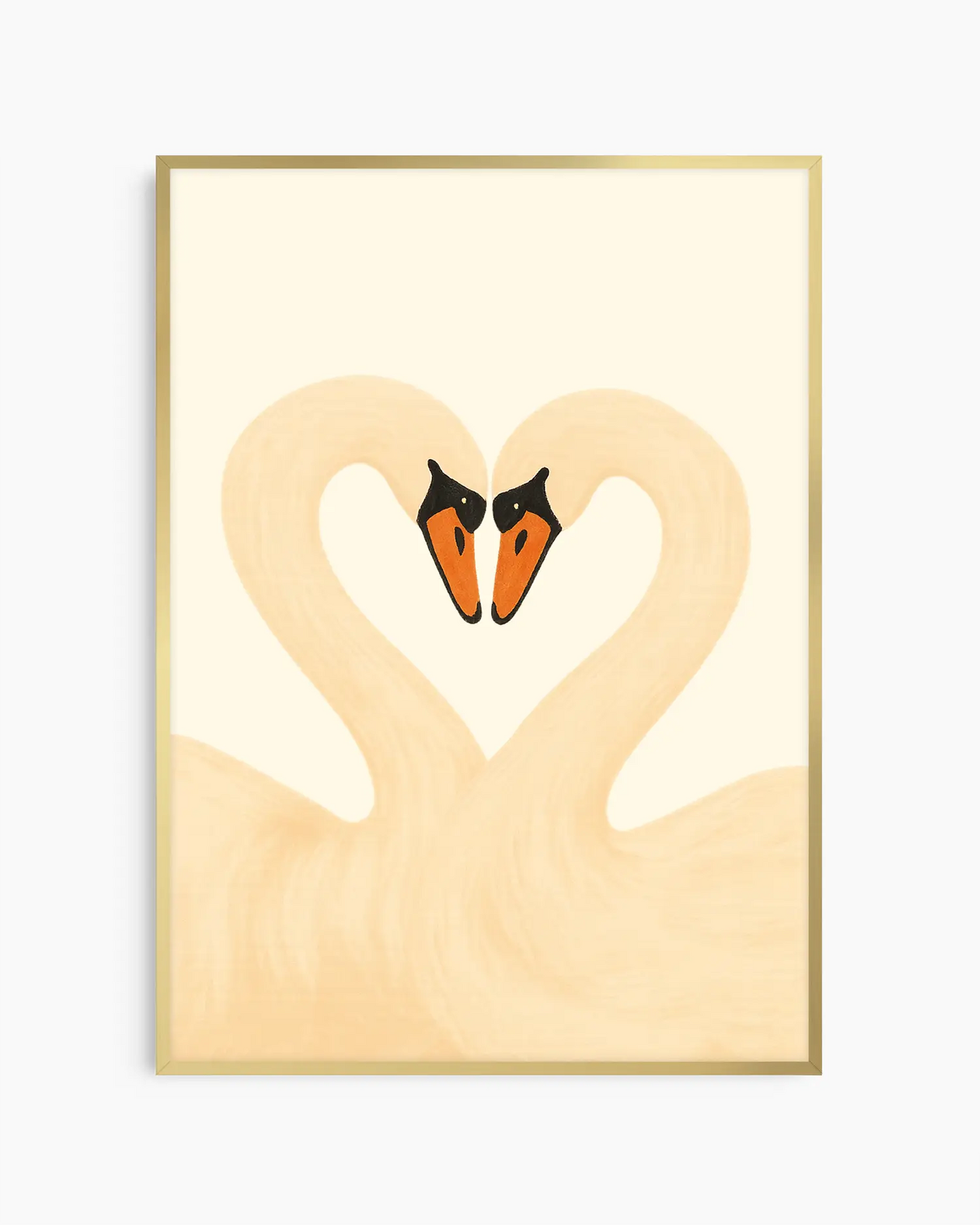 Framed artwork of two swans forming a heart on a light background