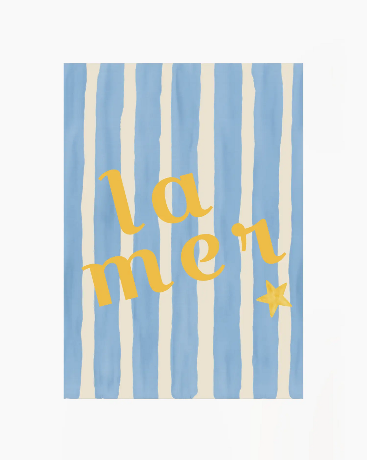 Nursery artwork with 'la mer' text on a blue and white striped background.