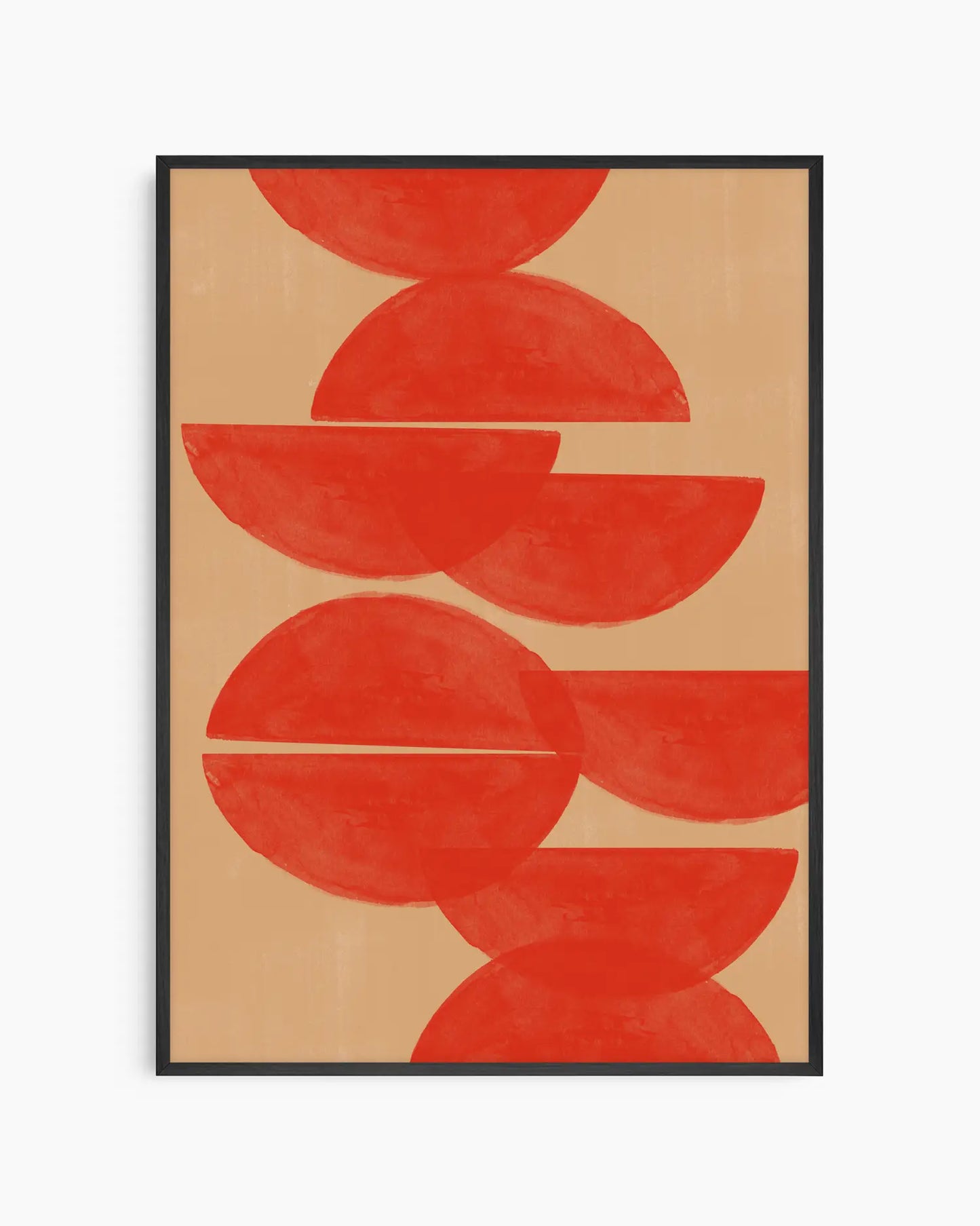 Warm, minimalist wall art in bright red tones on a bright red background, shown in a black frame.