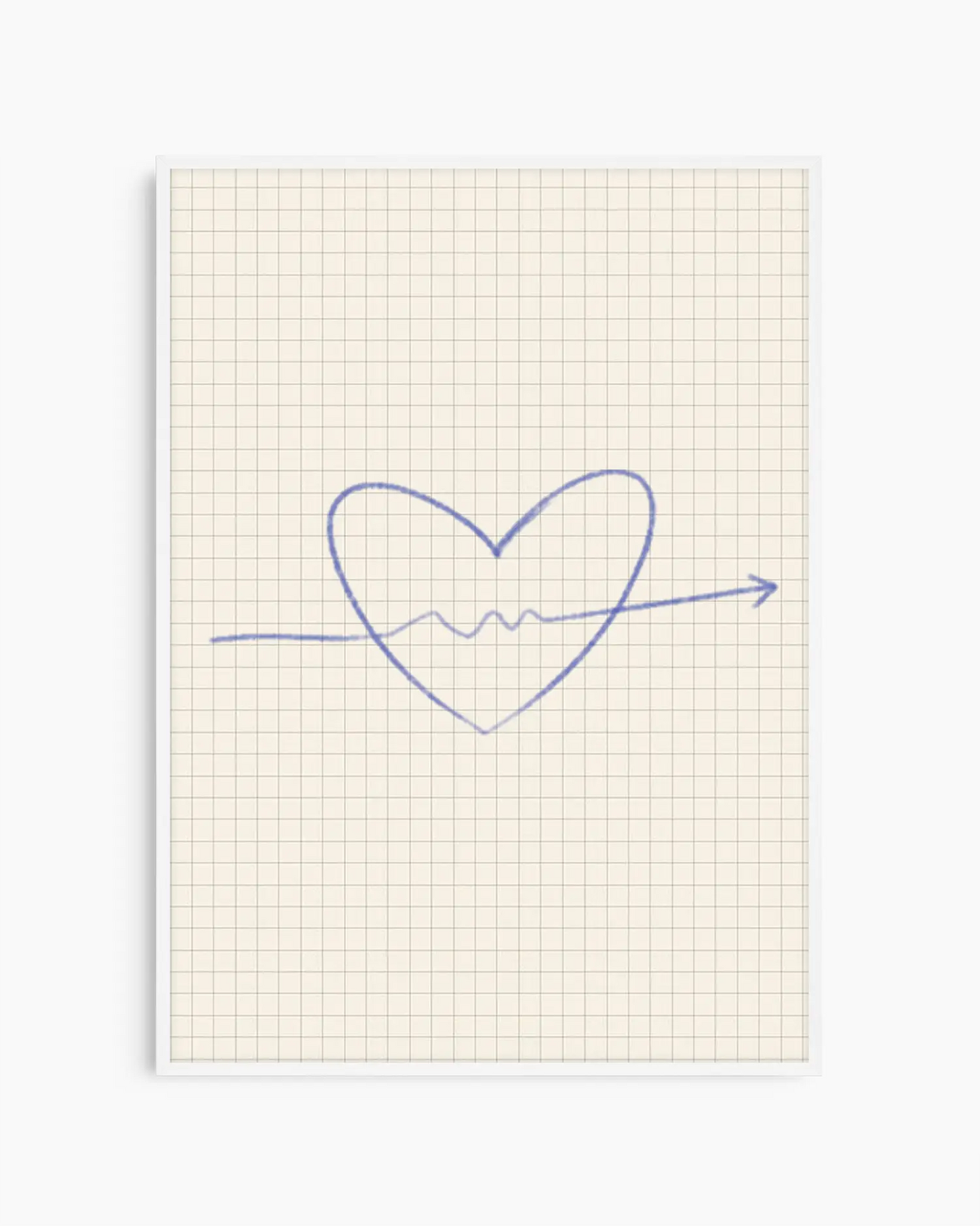 Heart shape drawn on grid paper with blue line, in a white frame