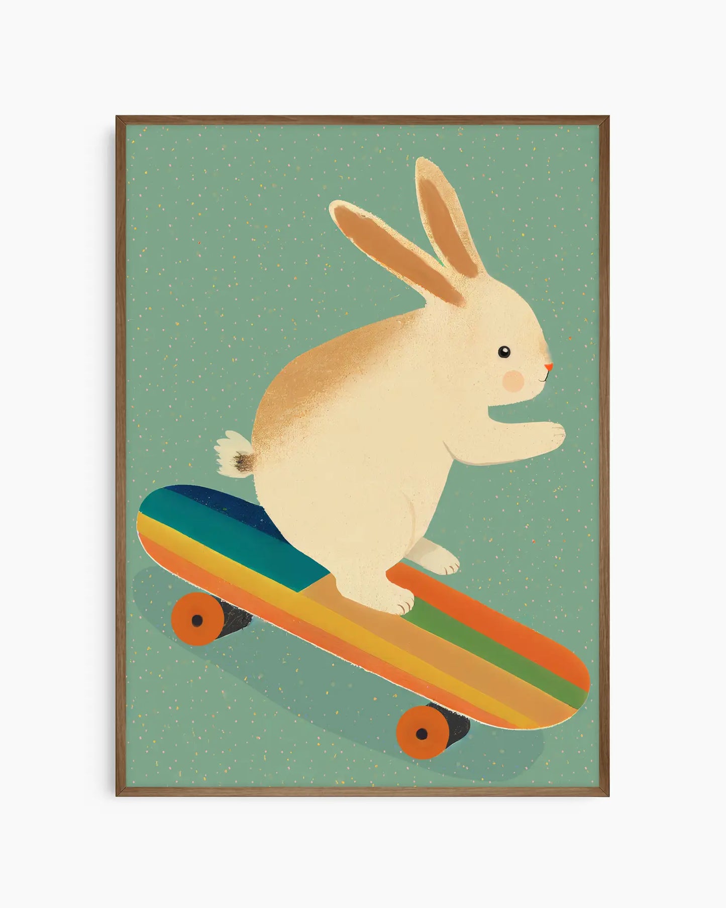 Framed artwork of a rabbit riding a rainbow skateboard on a green background