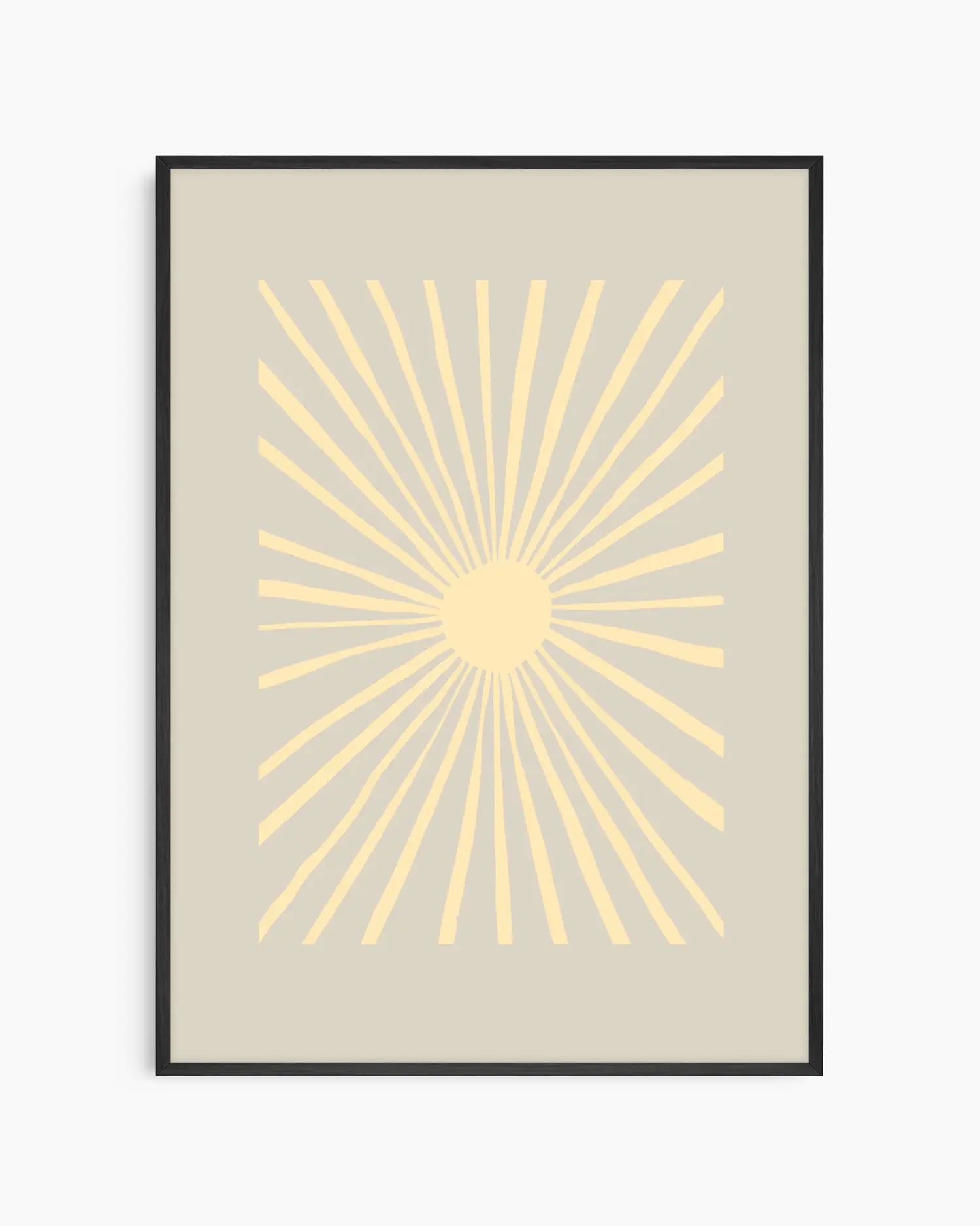 Framed artwork with a yellow sunburst design on a beige background
