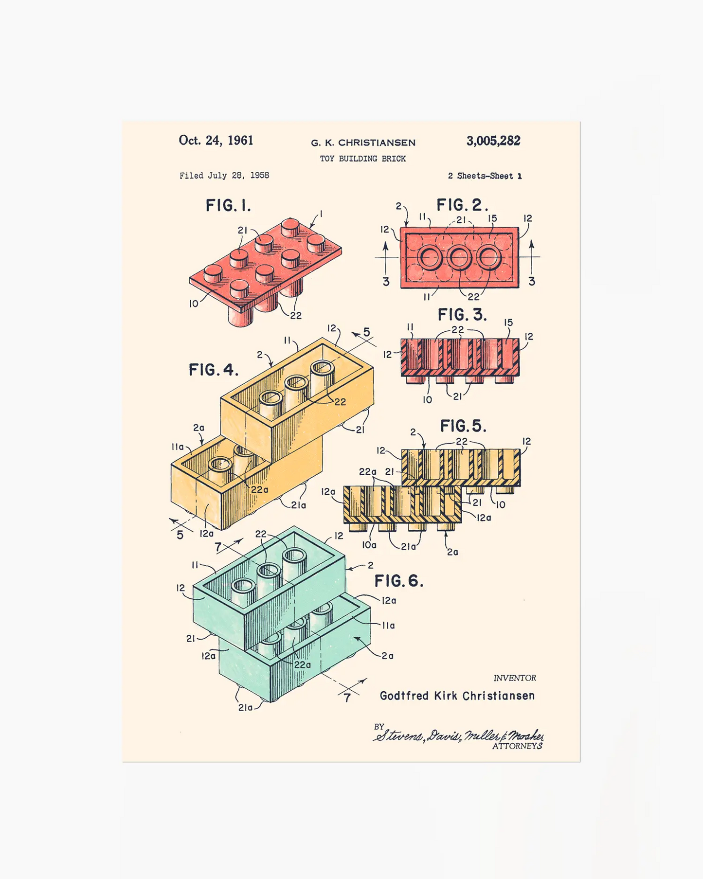 Patent illustration of toy building bricks on a light beige background