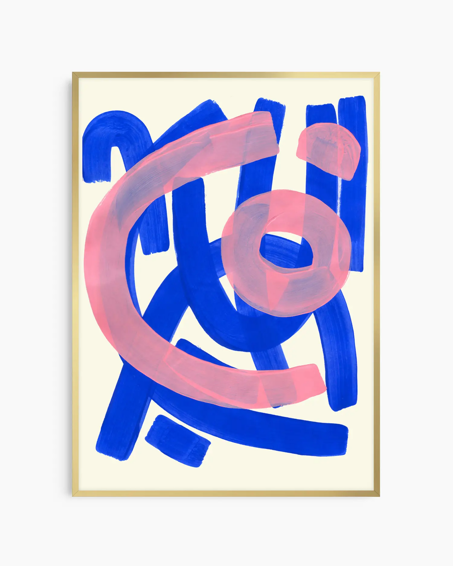 Abstract art print with blue and pink brush strokes on a beige background, in a gold frame