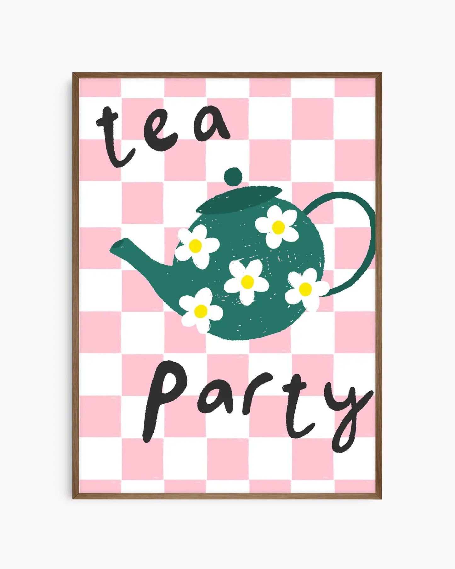 Poster with a green teapot and flowers on a pink and white checkered background with 'tea party' text.