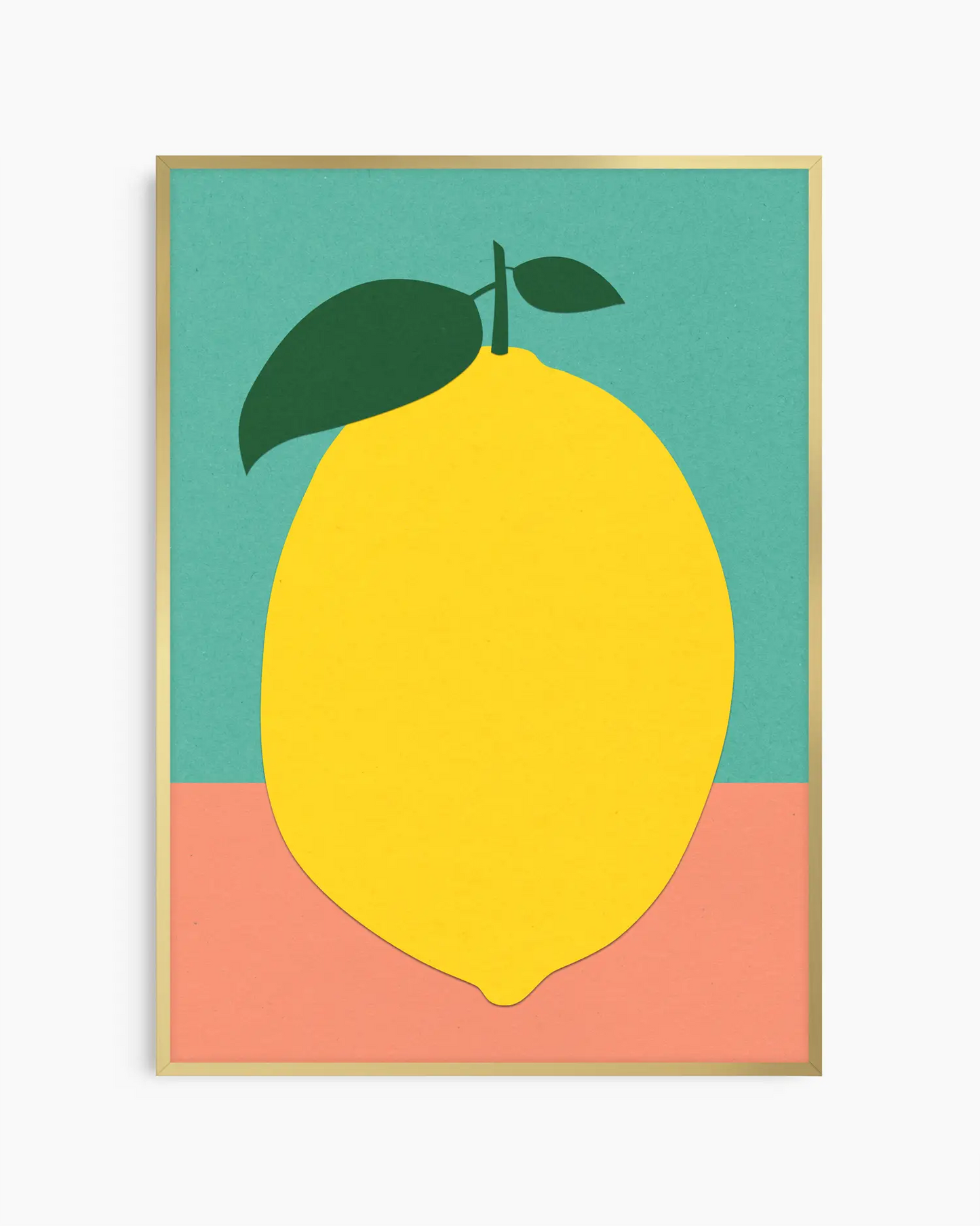 Framed artwork of a yellow lemon with green leaves on a teal and pink background