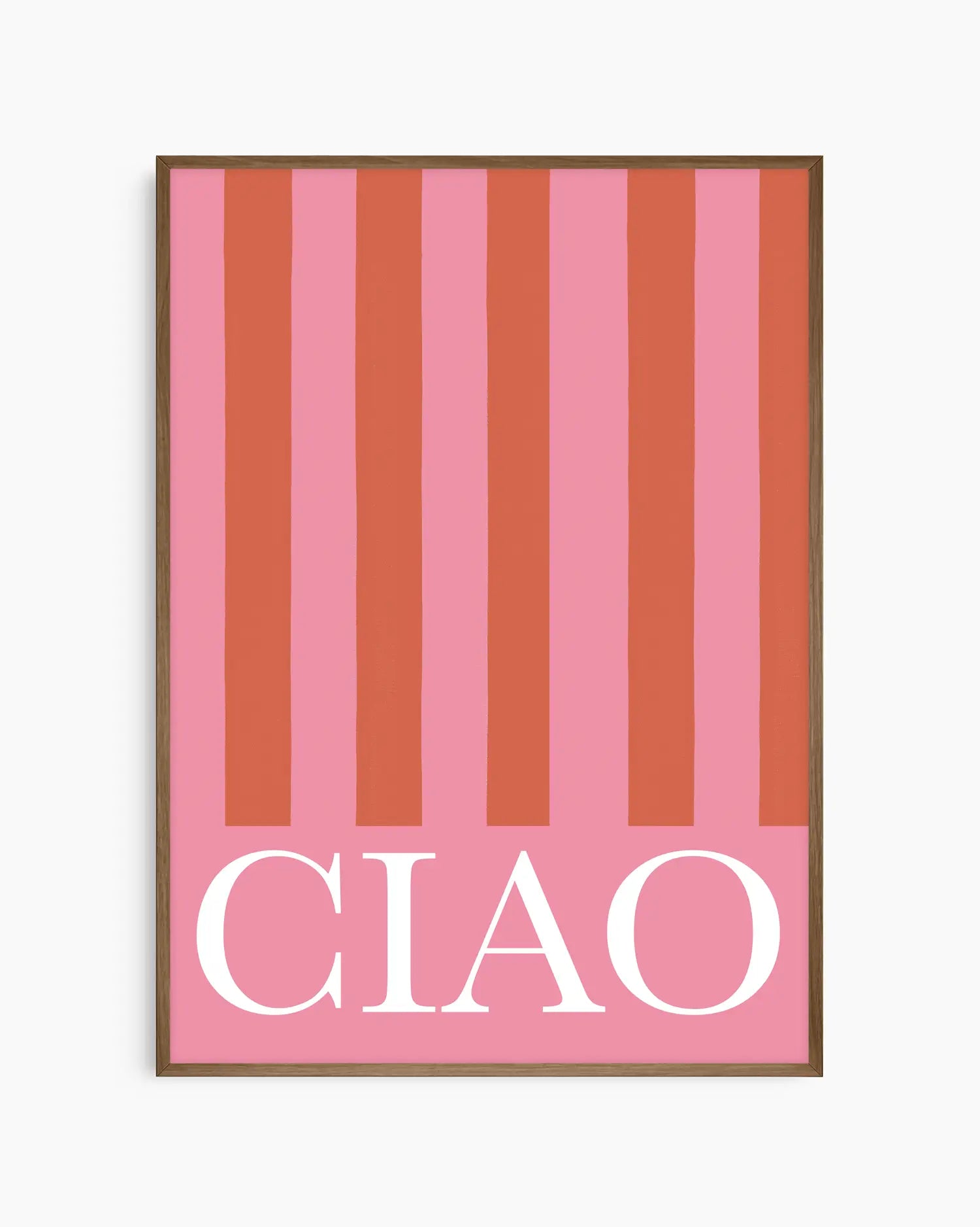 Framed artwork with vertical stripes and the word 'CIAO' on a pink background