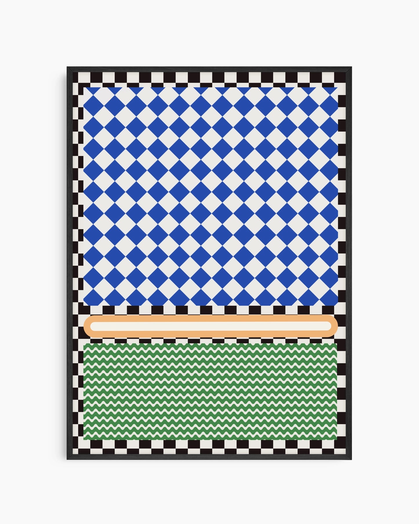 Checkered pattern with blue, white, and green sections on a white background