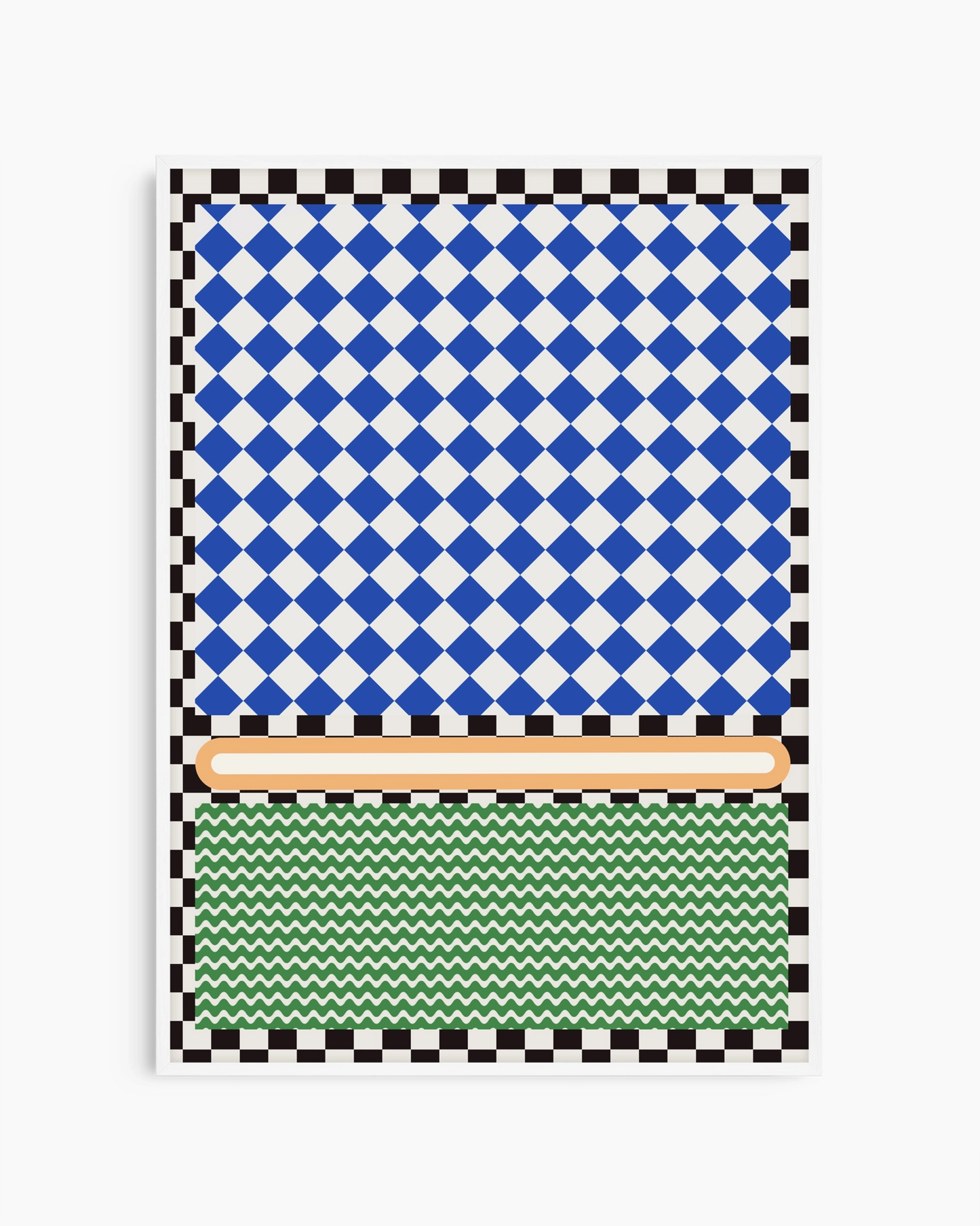 Notebook with blue and white checkered pattern on cover, black border, green zigzag pattern on bottom, and brown band in the middle.