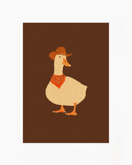 Illustration of a duck wearing a cowboy hat and bandana on a brown background