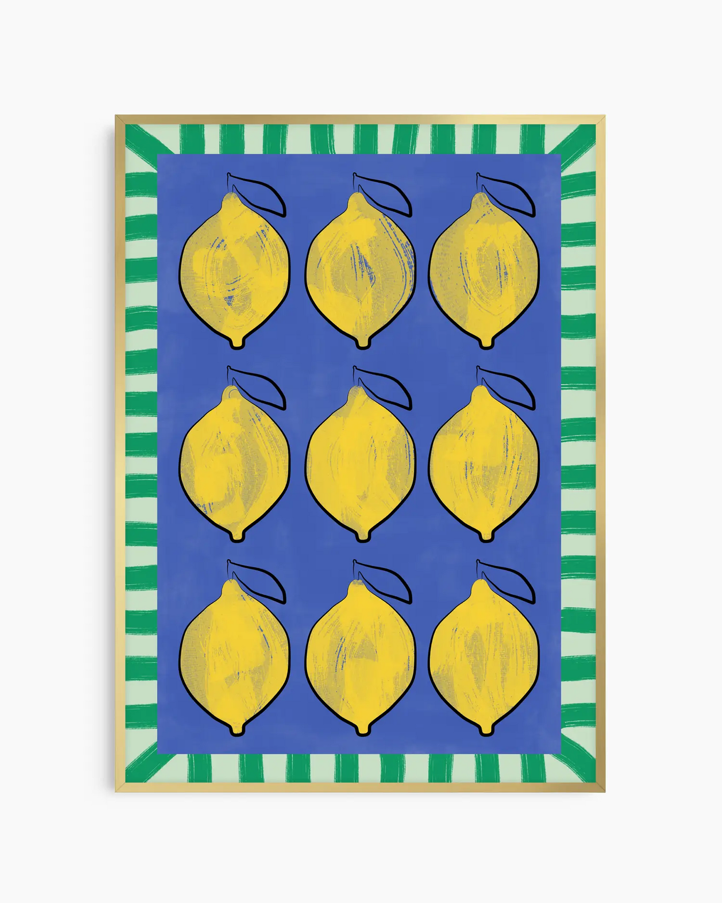 Poster with yellow lemons on a blue background with a green and white striped border