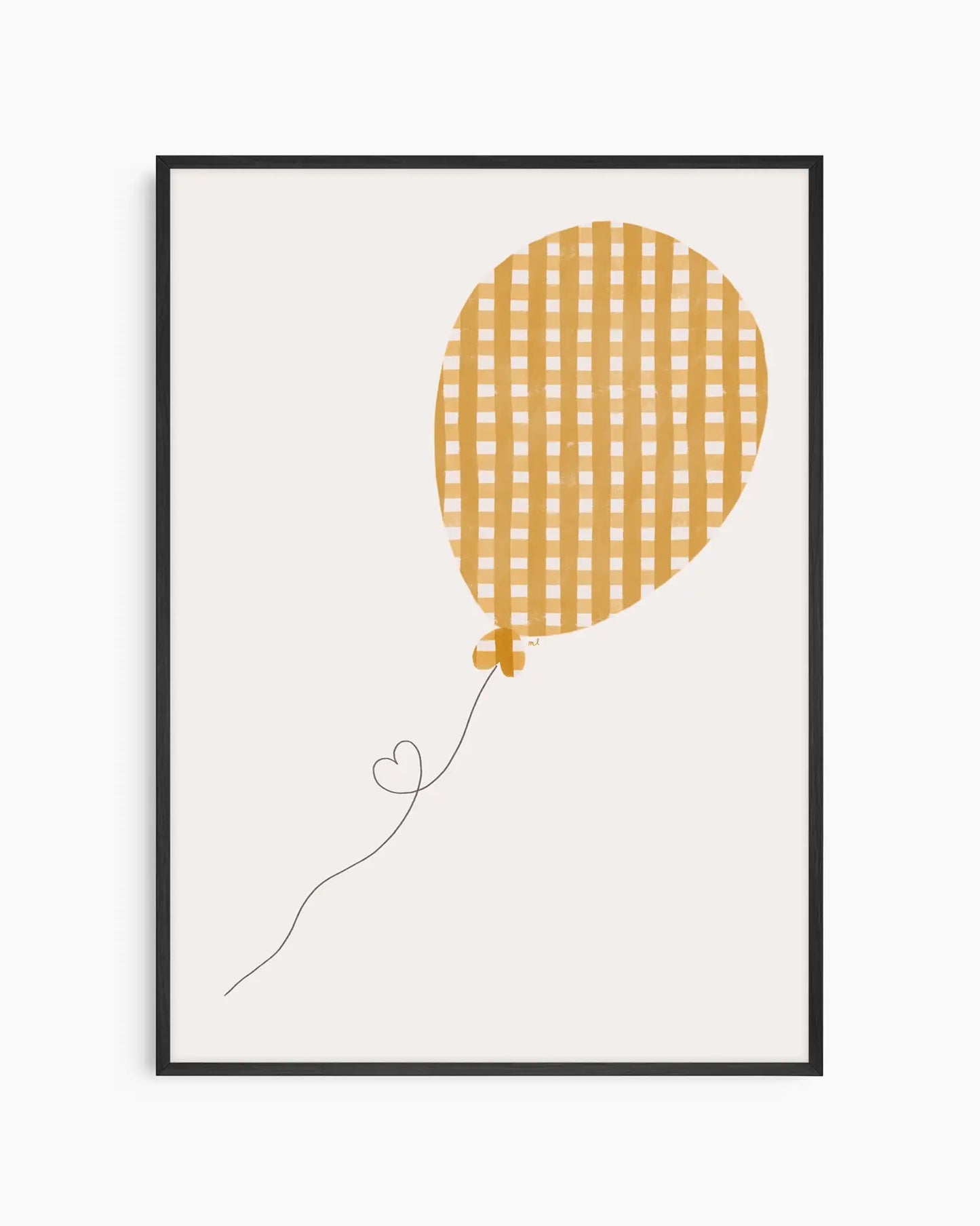 Framed artwork of a yellow checkered balloon on a white background