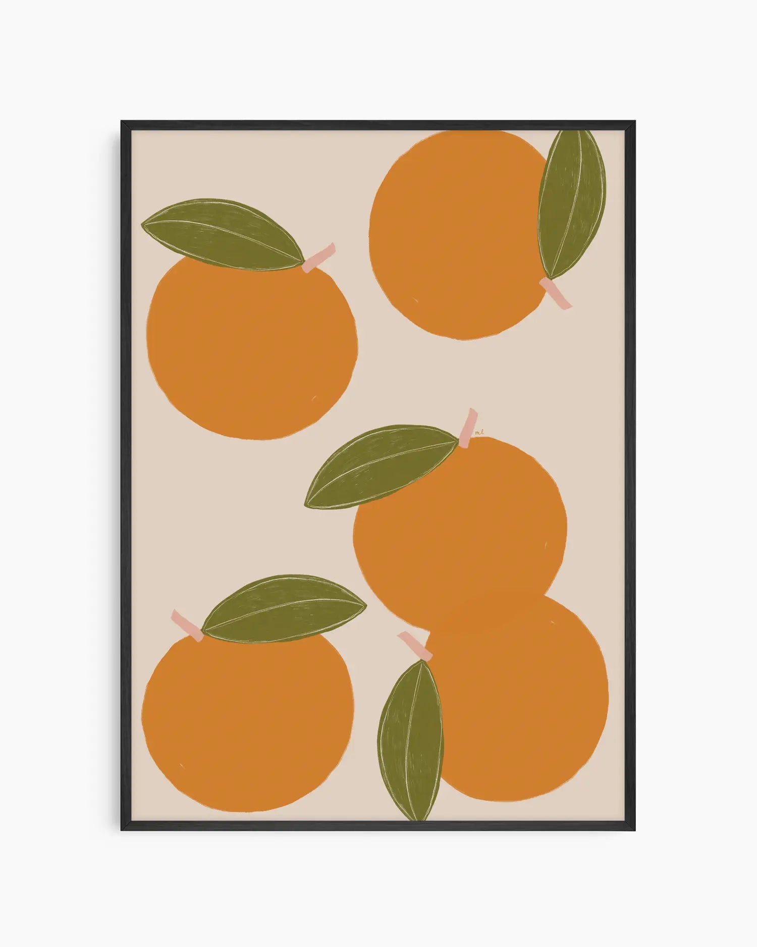 Framed artwork with orange fruit and green leaves on a beige background
