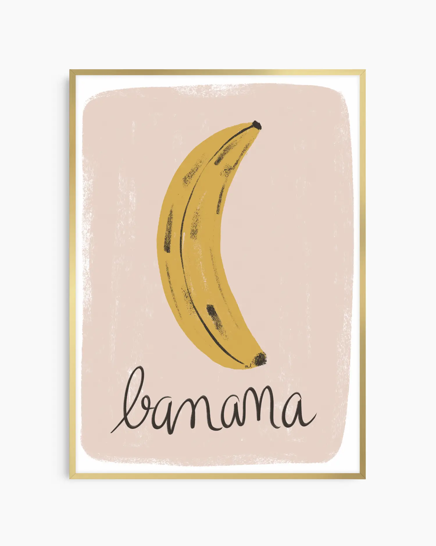 Framed artwork with a banana illustration and 'banana' text on a beige background