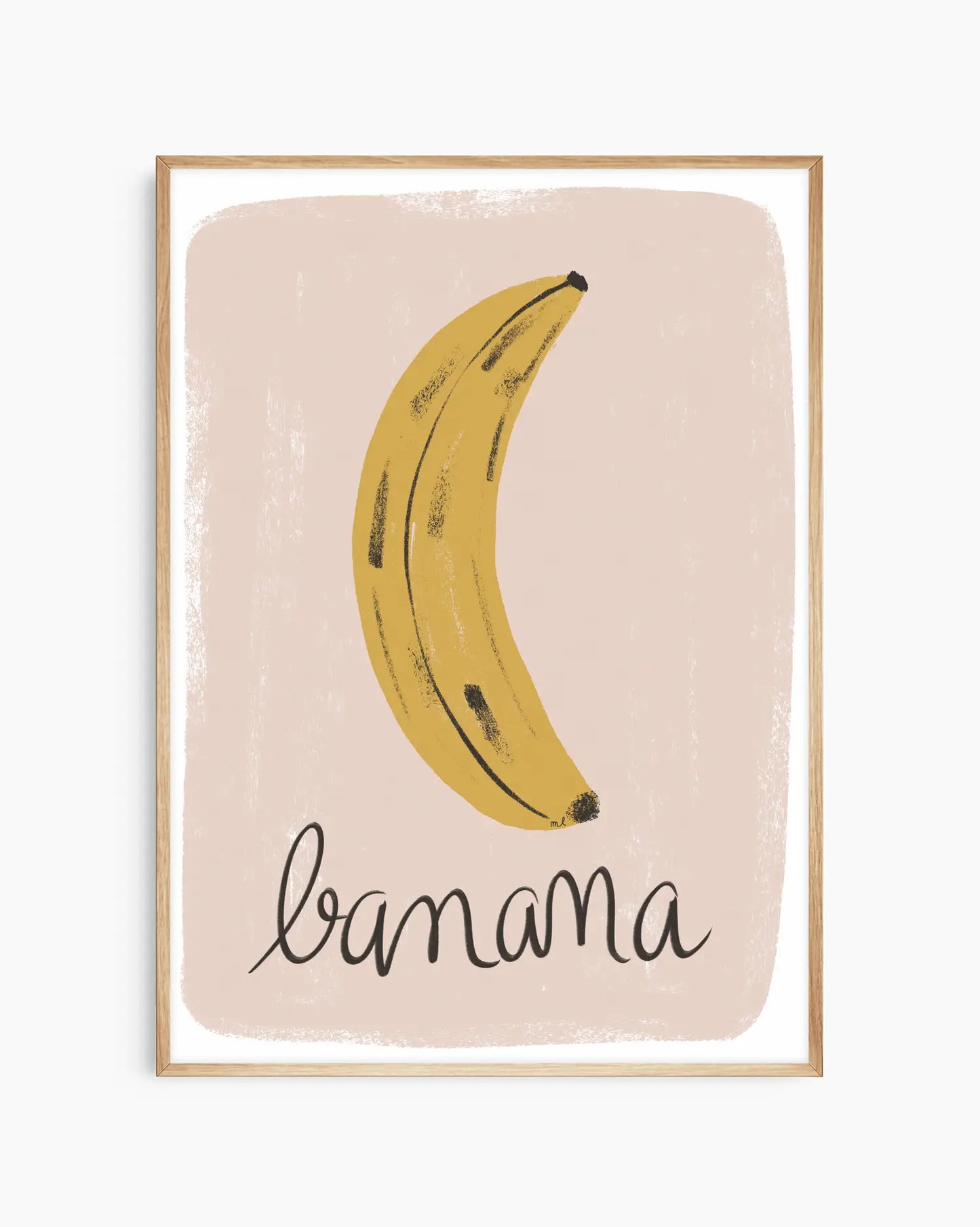 Framed artwork with a banana illustration and the word 'banana' on a beige background