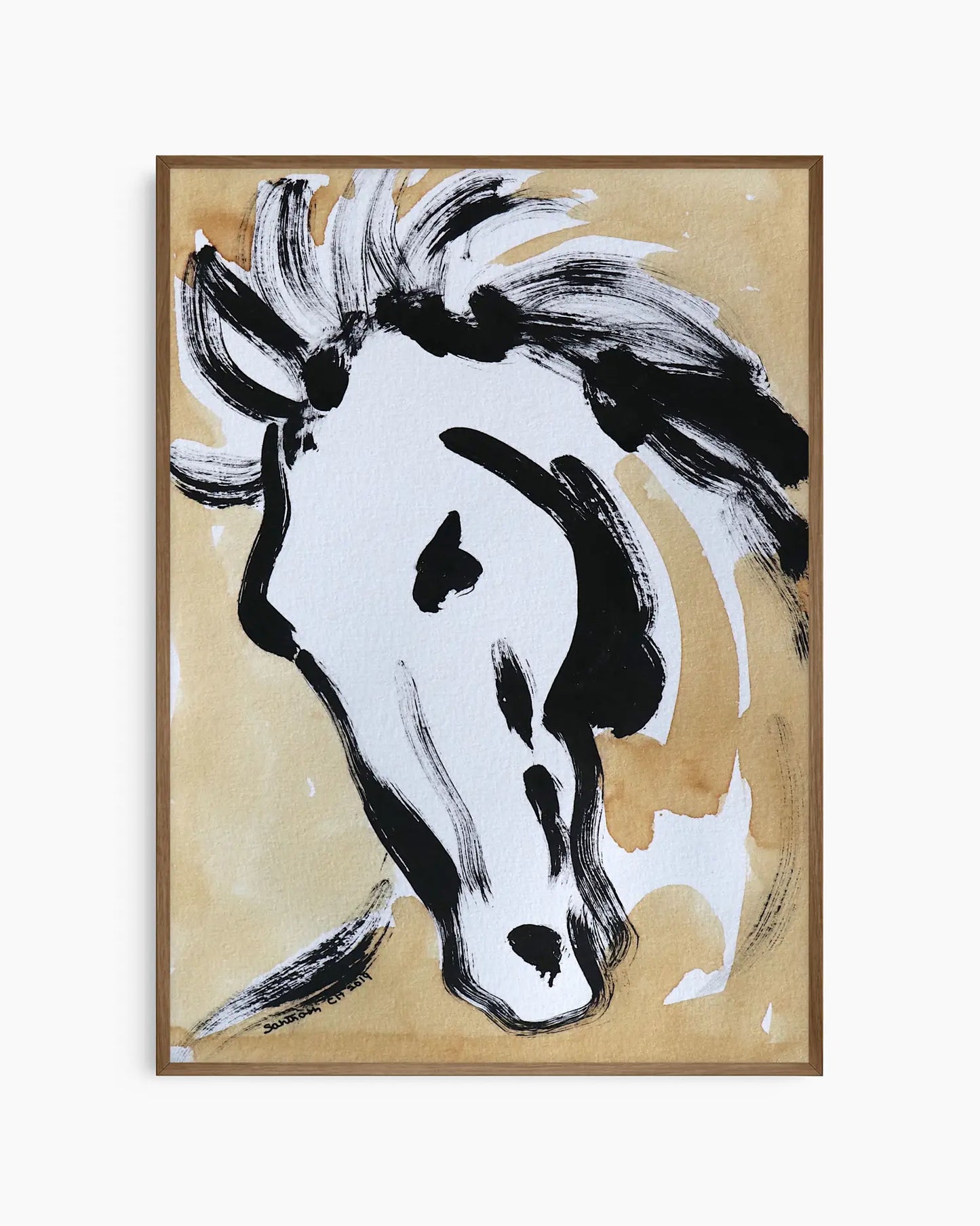 Abstract painting of a horse's head on a beige background