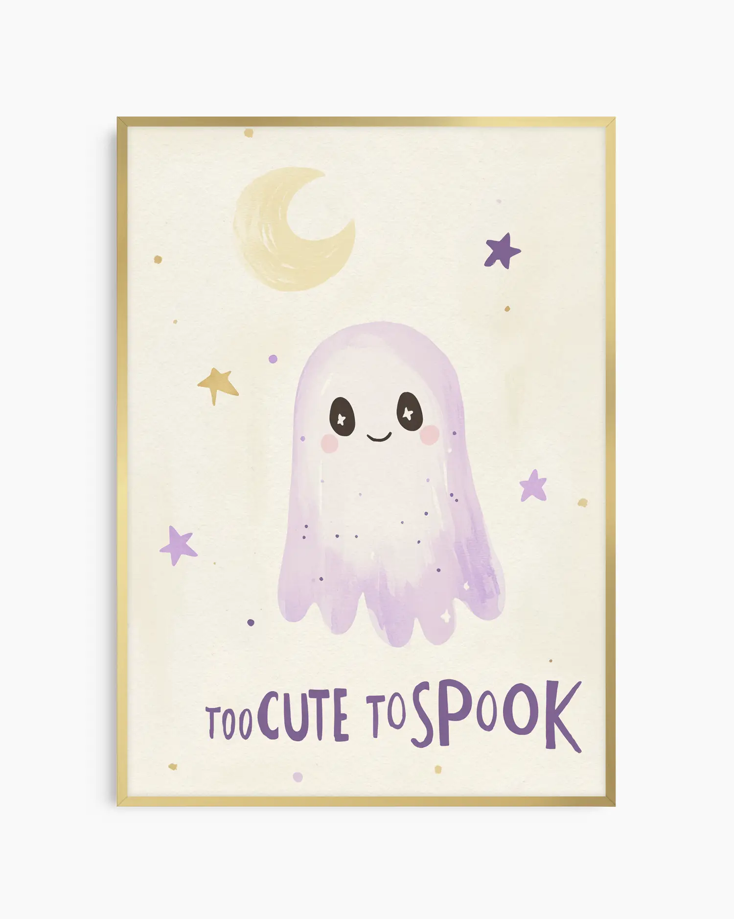 Framed artwork with a cute ghost illustration and text 'Too Cute to Spook' on a light background.