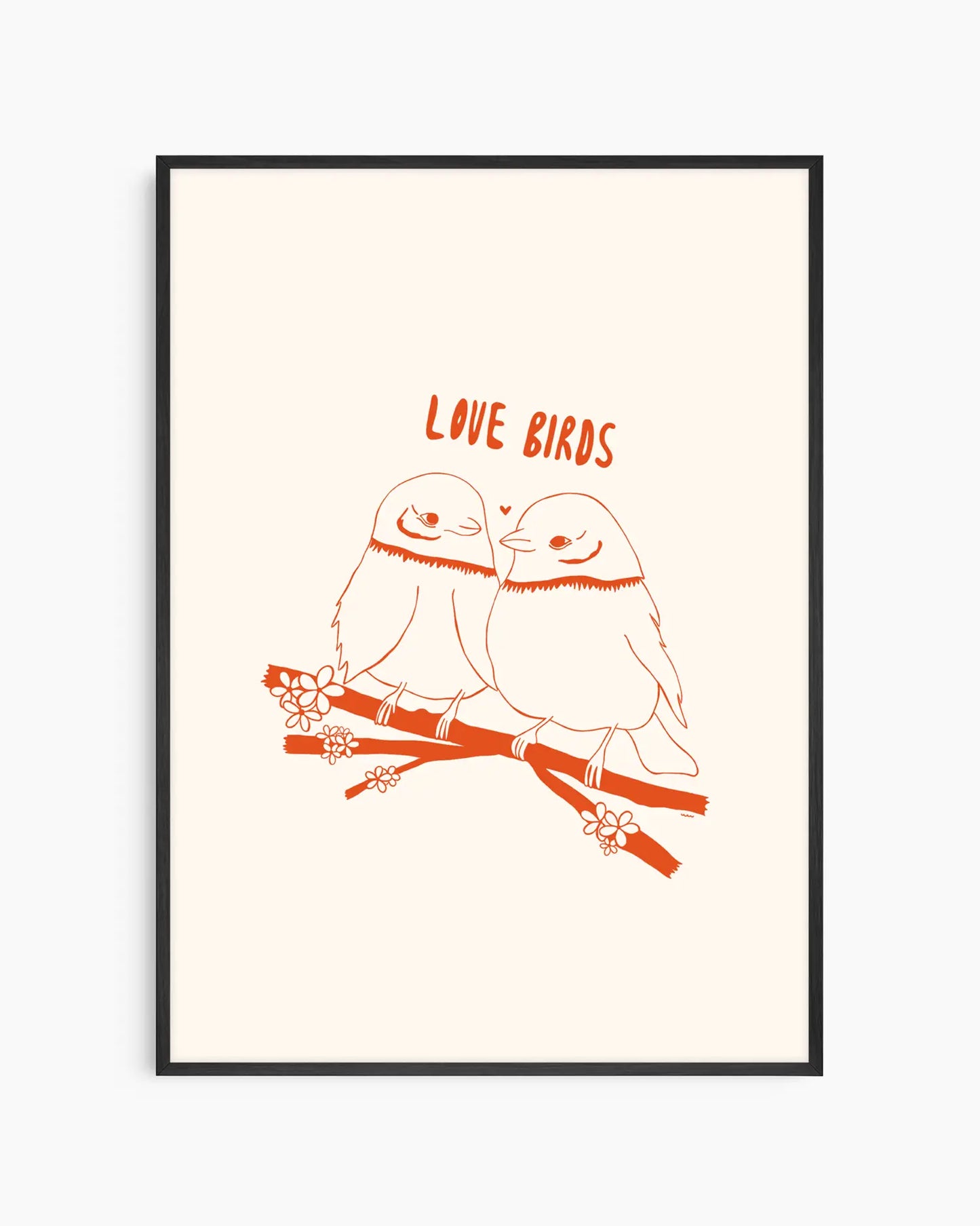 Framed artwork of two birds on a branch with 'Love Birds' text.