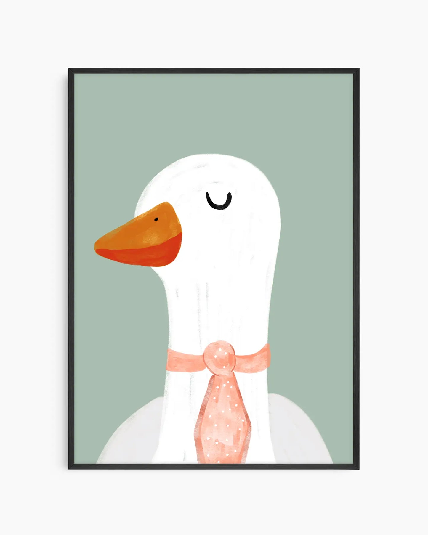 Framed artwork of a white goose with an orange beak and pink bow on a light green background