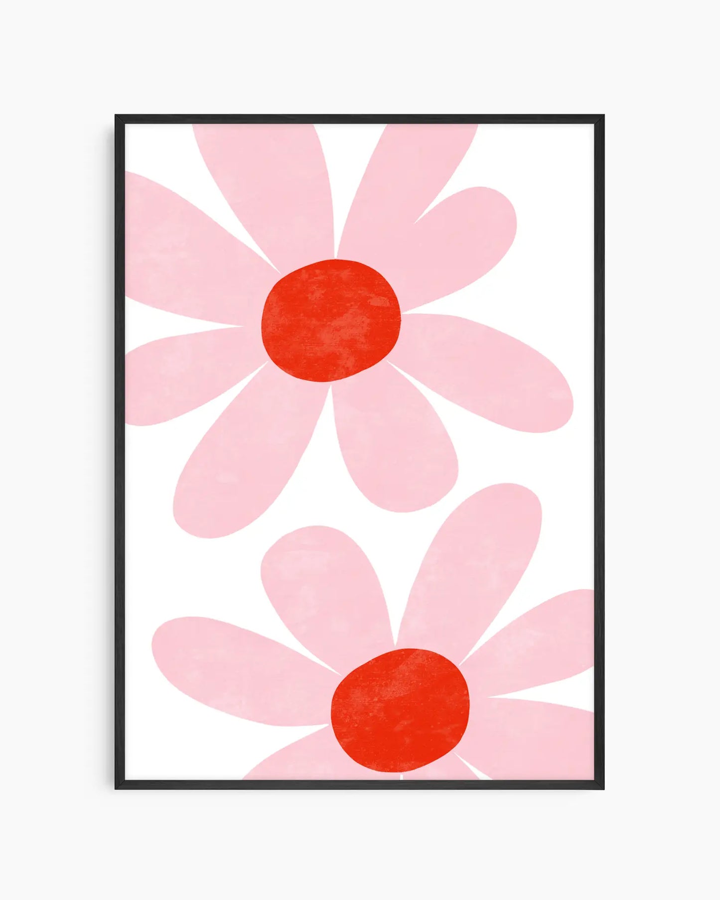 Framed artwork of two pink flowers with red centers on a white background