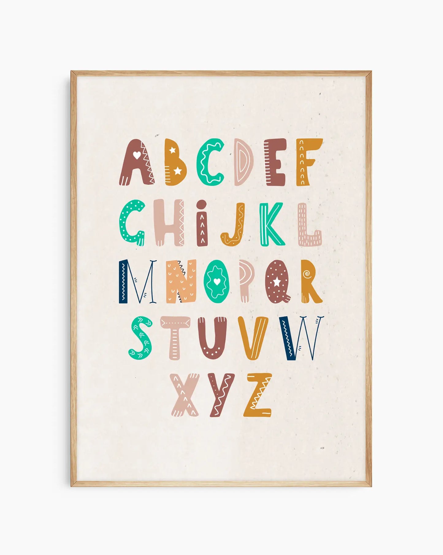 Framed poster with colorful alphabet letters on a white background