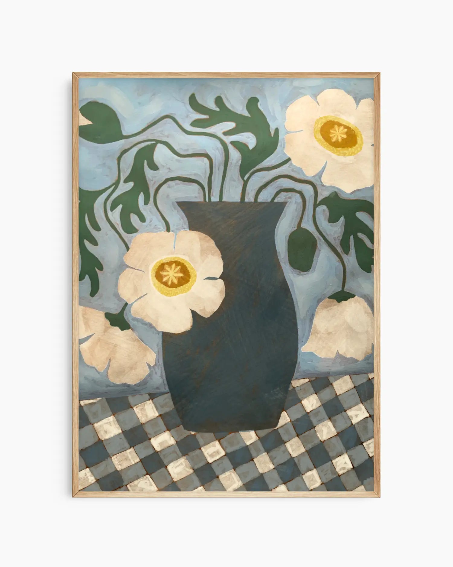 Framed artwork of a vase with white flowers on a checkered surface