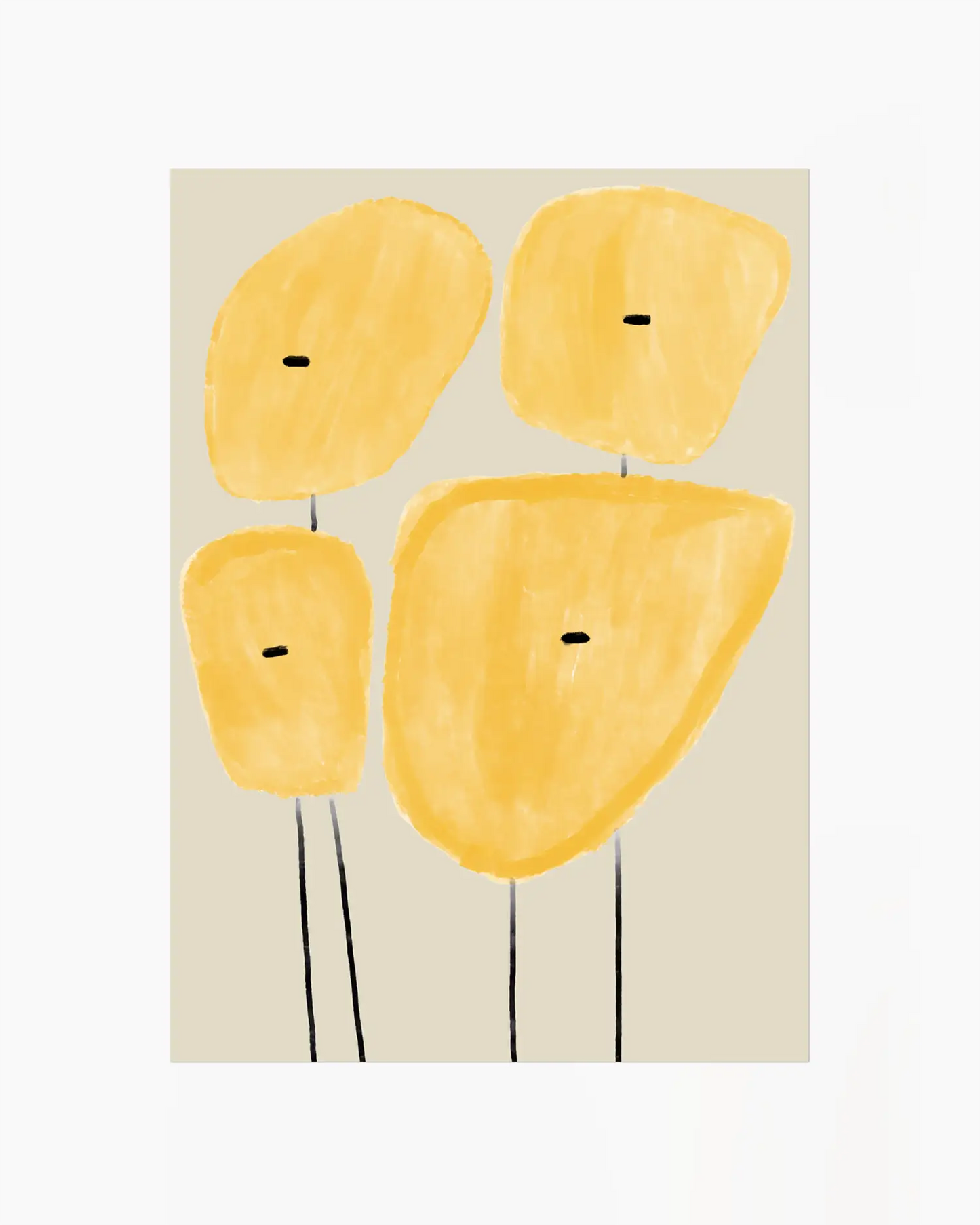 Abstract art piece with four yellow shapes on a beige background