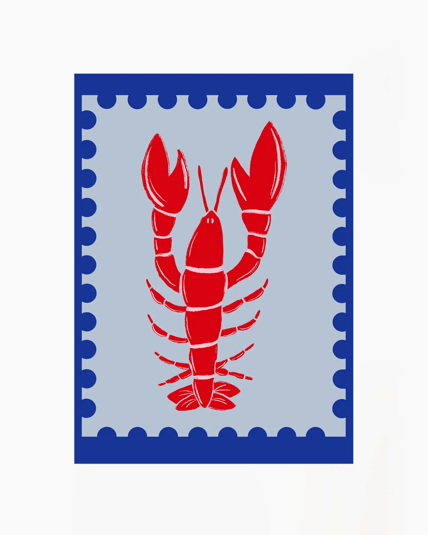 Red lobster design on a blue and white background