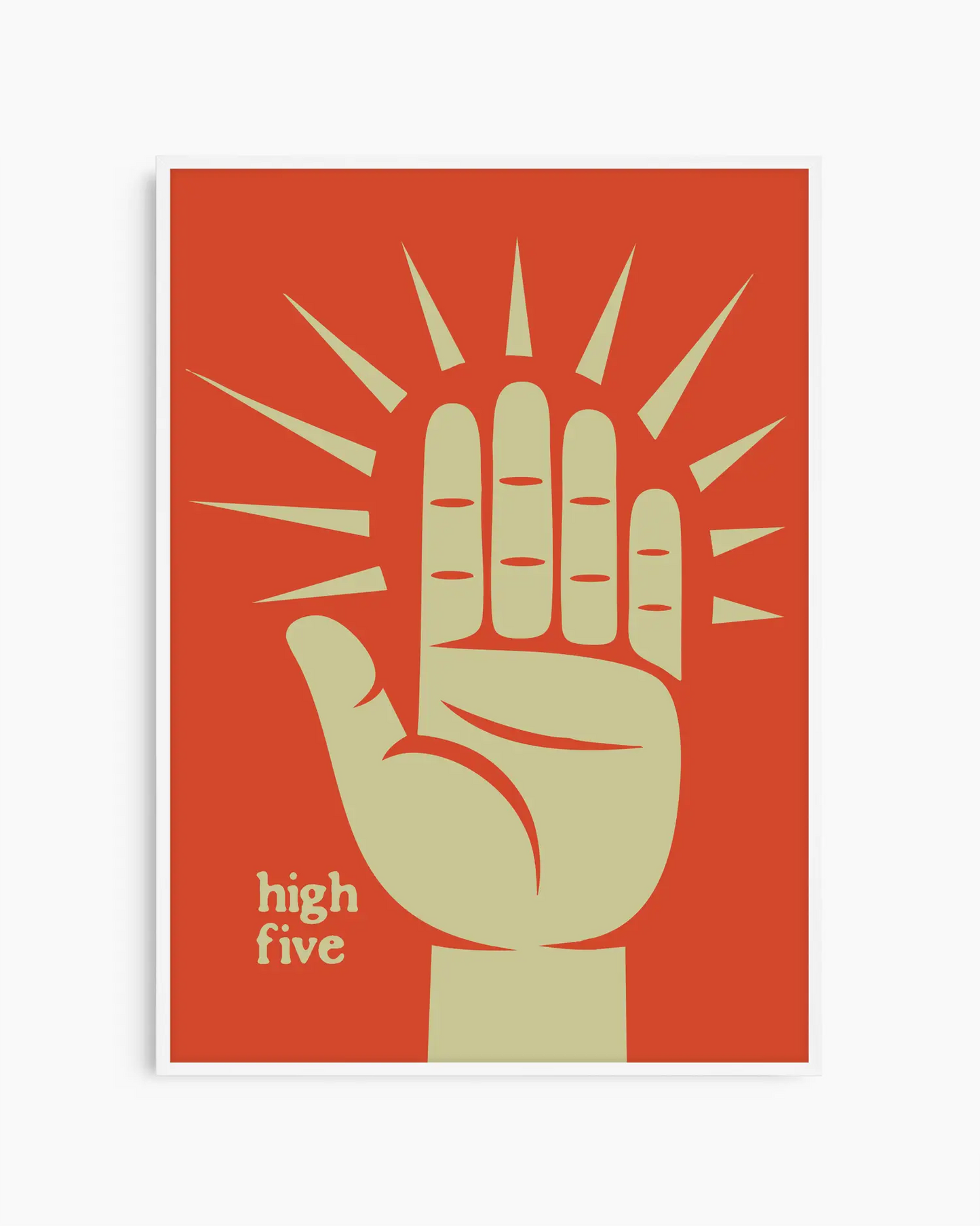 Nursery poster with a graphic of a hand giving a high-five on a red background framed in a white wooden frame.