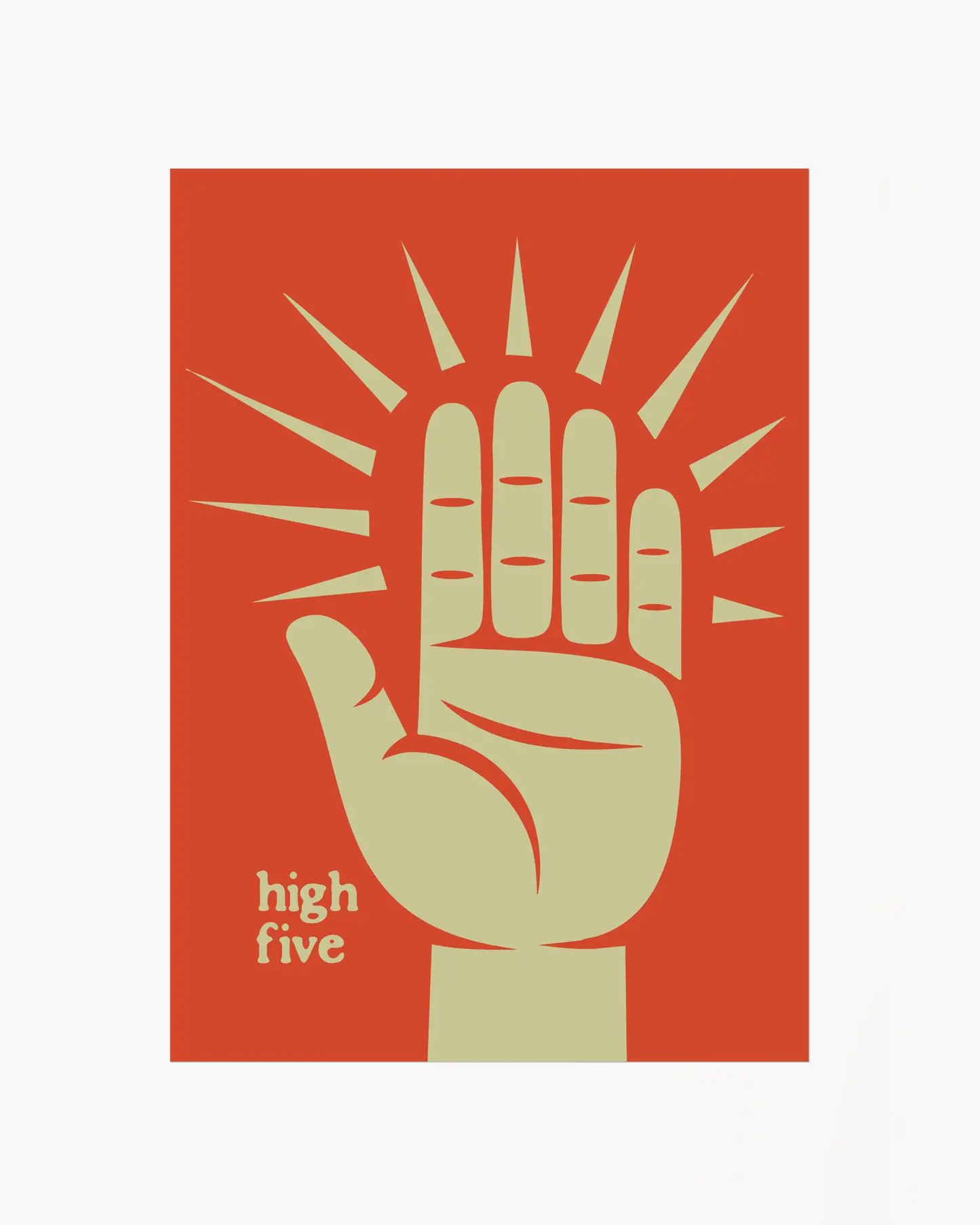 Nursery poster with a graphic of a hand giving a high-five on a red background.